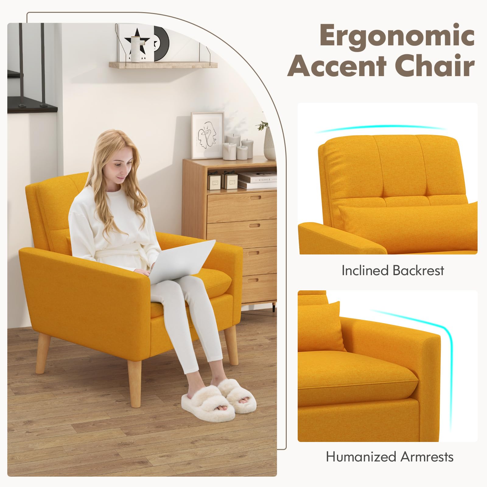 Modern Linen Accent Chair, Upholstered Tufted Armchair with Lumbar Pillow, Rubber Wood Legs, Padded Cushion