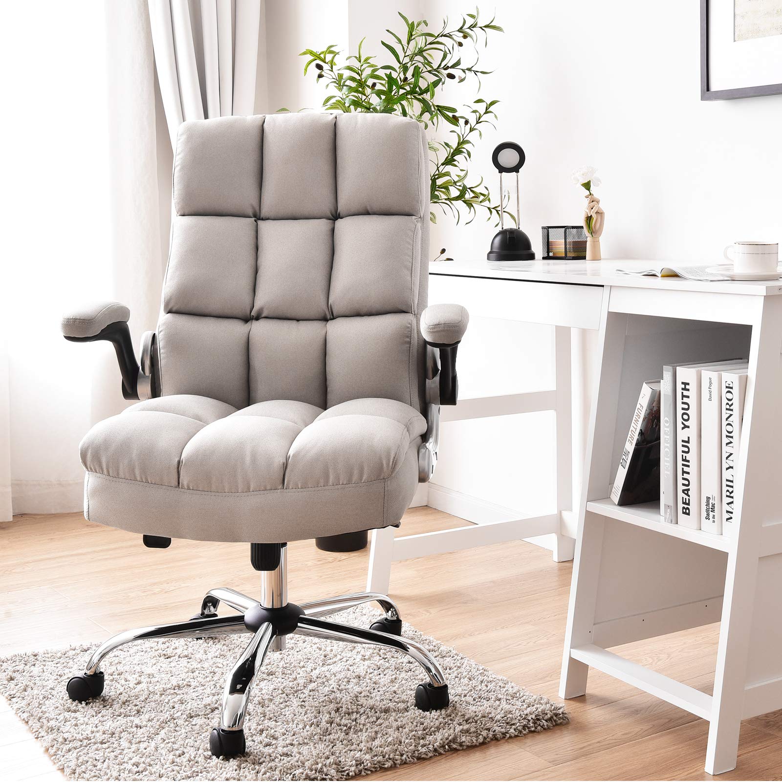 Executive Office Chair, Adjustable Tilt Angle and Flip-up Armrest Linen Fabric Upholstered Chair with Thick Padding