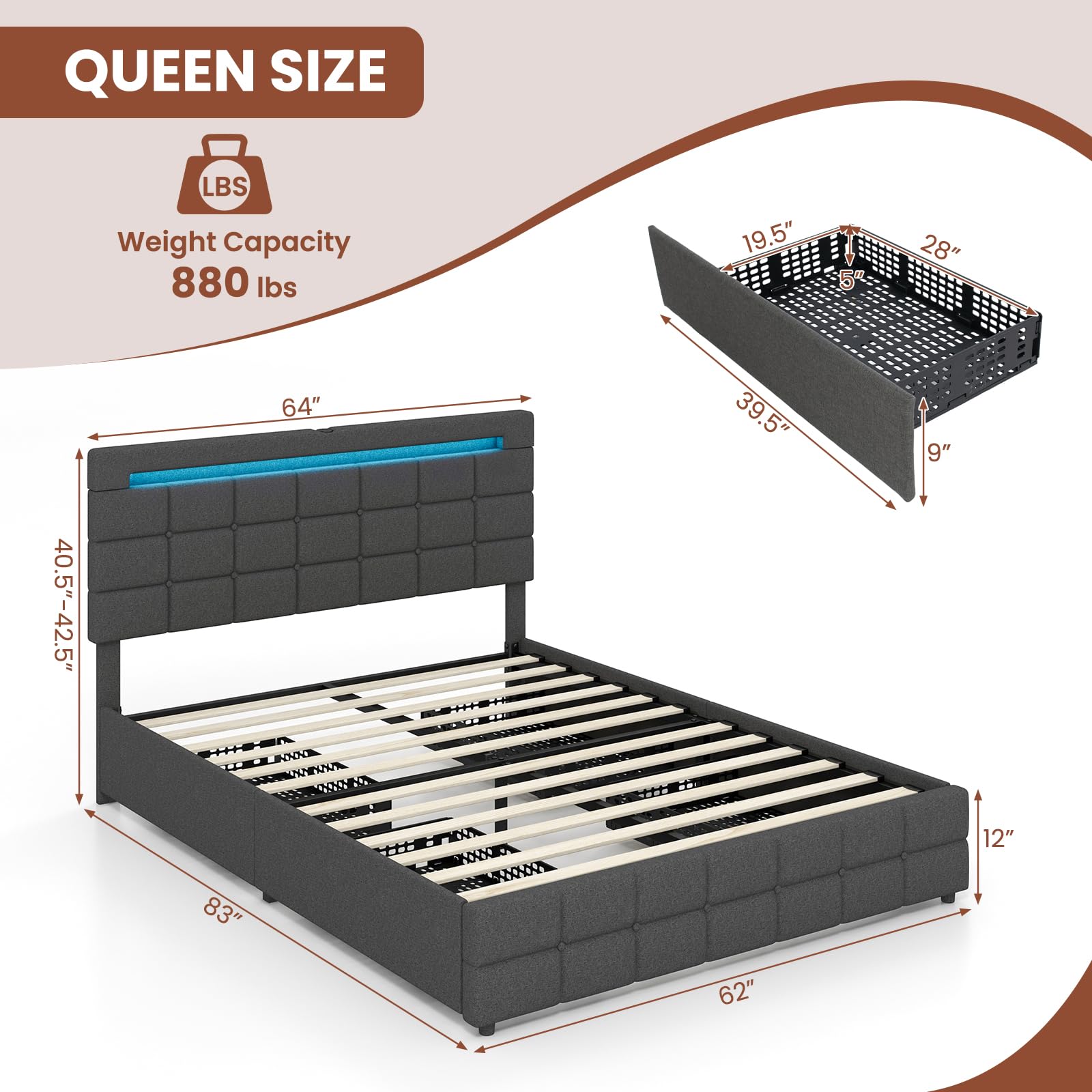 Upholstered Bed Frame with LED Lights and 4 Drawers, Height Adjustable Headboard with USB Ports