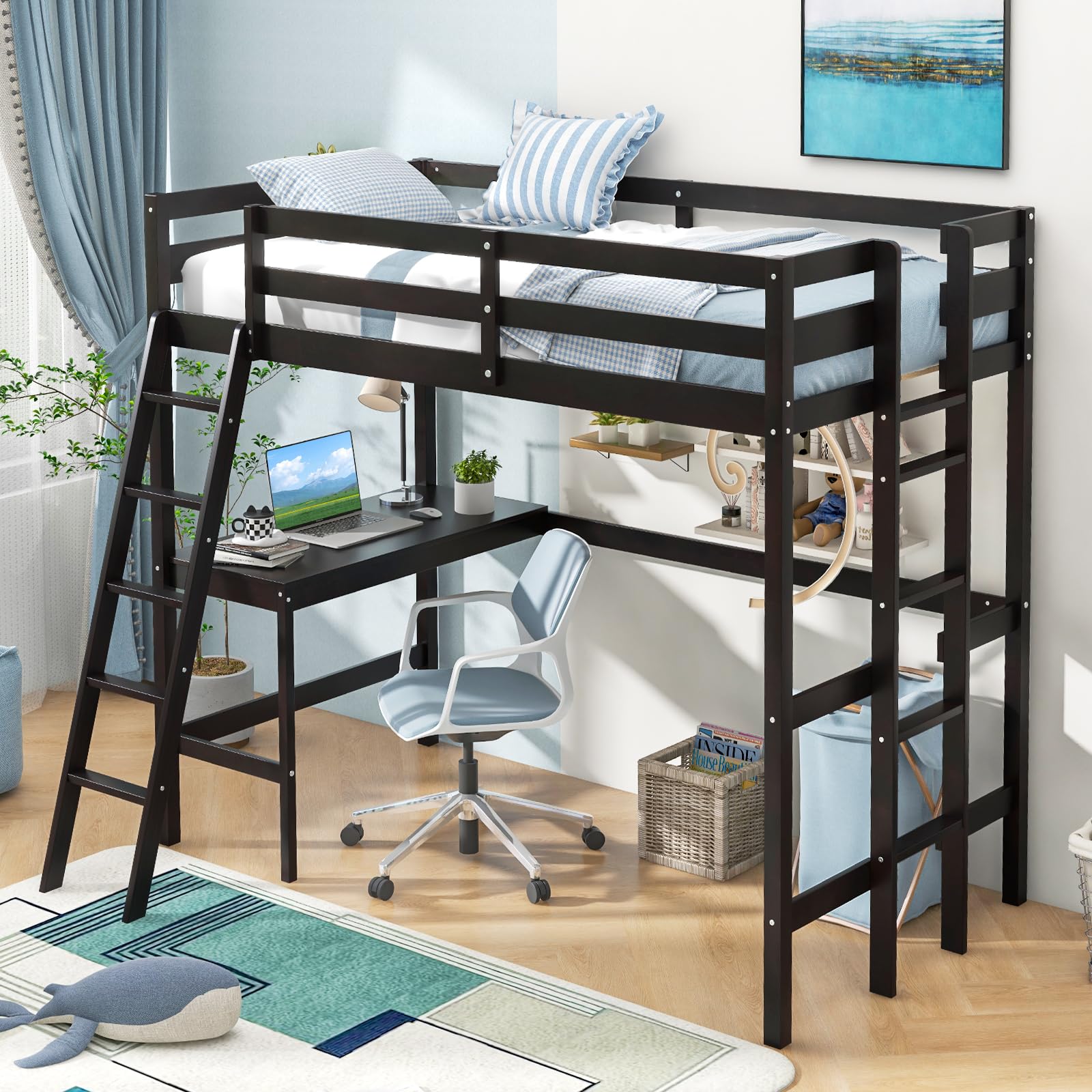 Twin Size Wood Loft Bed with Desk, 2 Ladders, Full Length Guardrail for Kids Teens Adults
