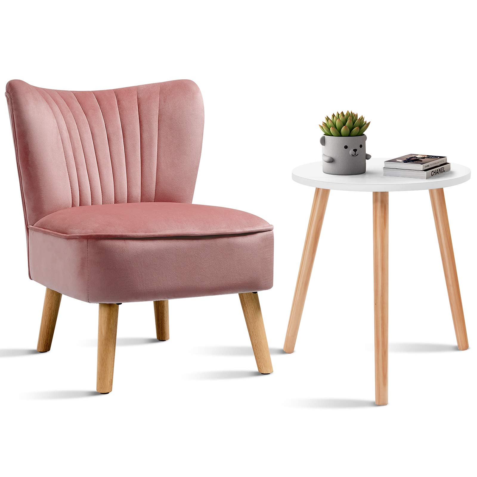 Velvet Accent Chair with End Table Set, Upholstered Modern Sofa Chair w/Wood Legs
