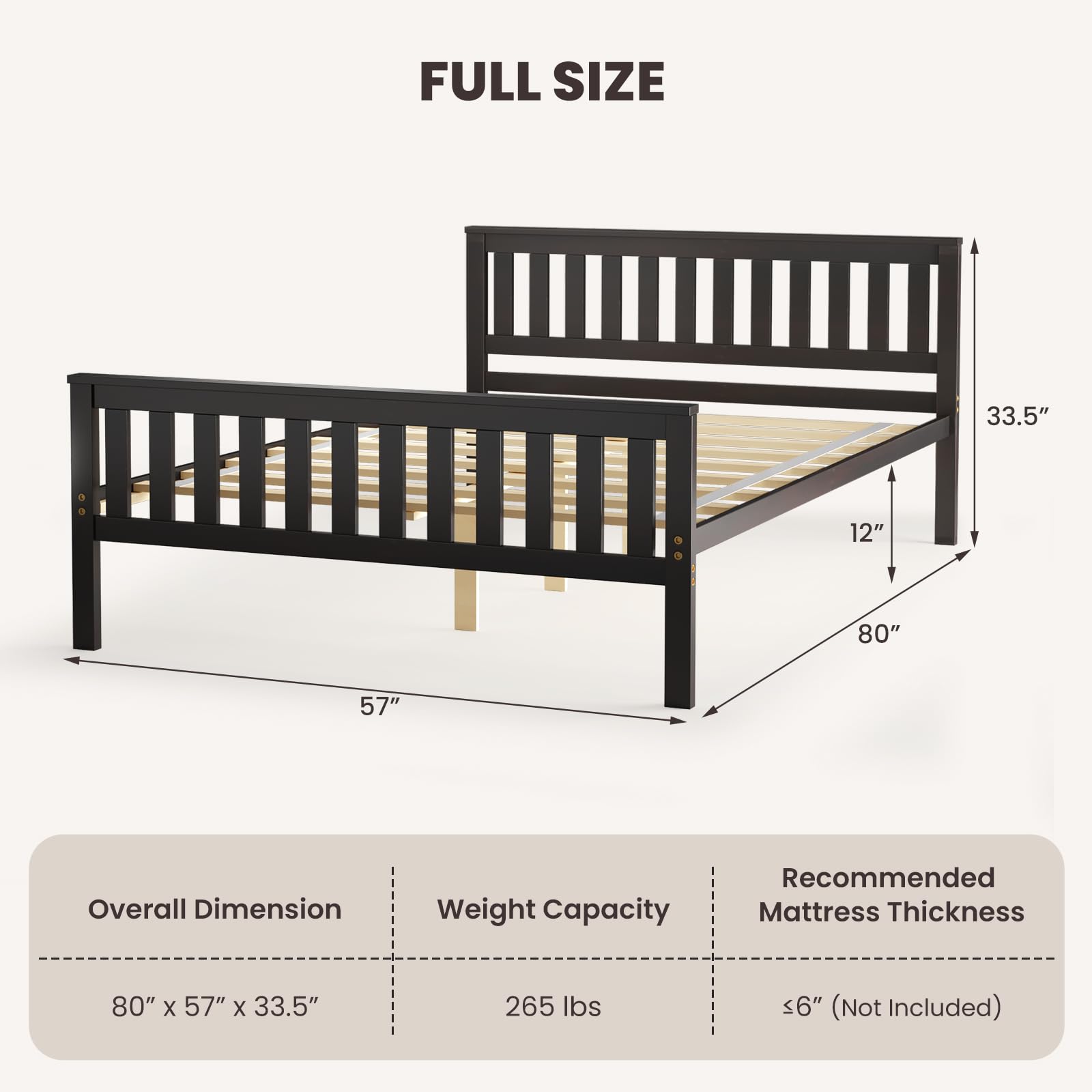 Wood Platform Bed Frame with Headboard, Wooden Slats Support, 12" Under-Bed Storage Space