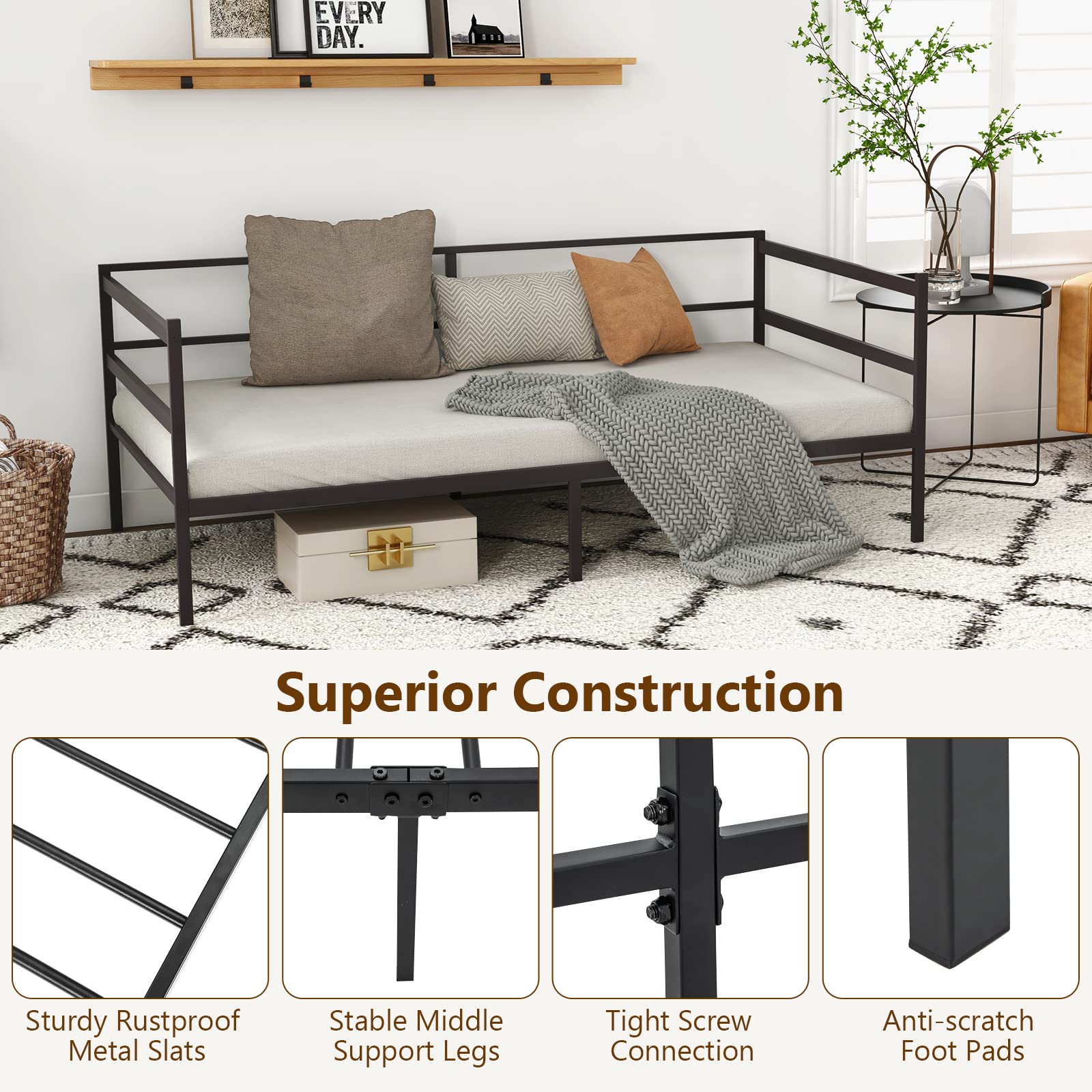 Metal Twin Daybed with Heavy Duty Slat Support, Space Saving Sofa Bed