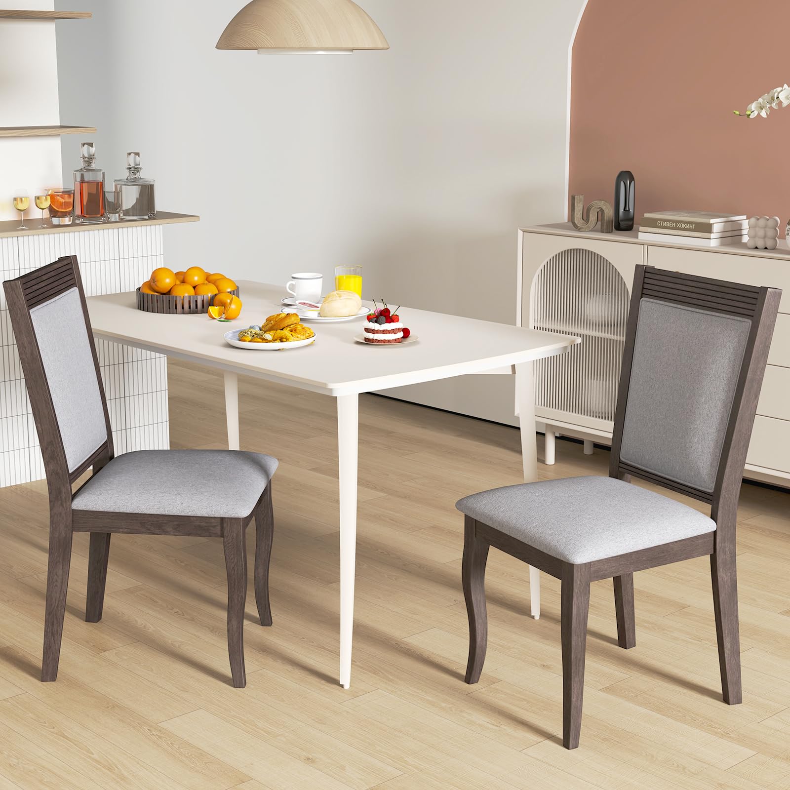 Wood Dining Chairs Set of 2/4, Farmhouse Upholstered Kitchen Chairs w/Rubber Wood Frame, Padded Seat, High Backrest