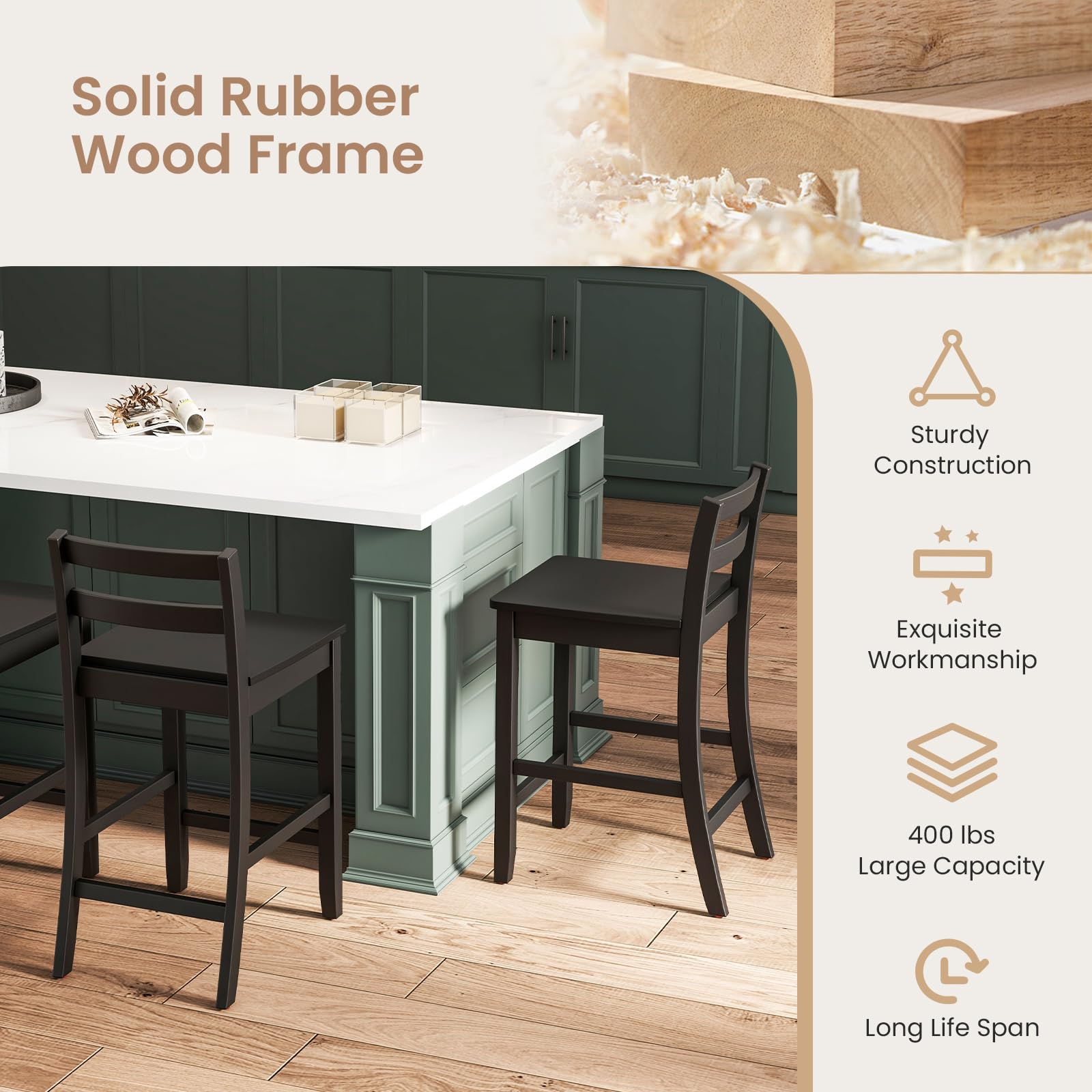 Wooden Bar Stools Set of 2/4, 24-Inch Counter Height Stools with Ergonomic Backrest & Footrest