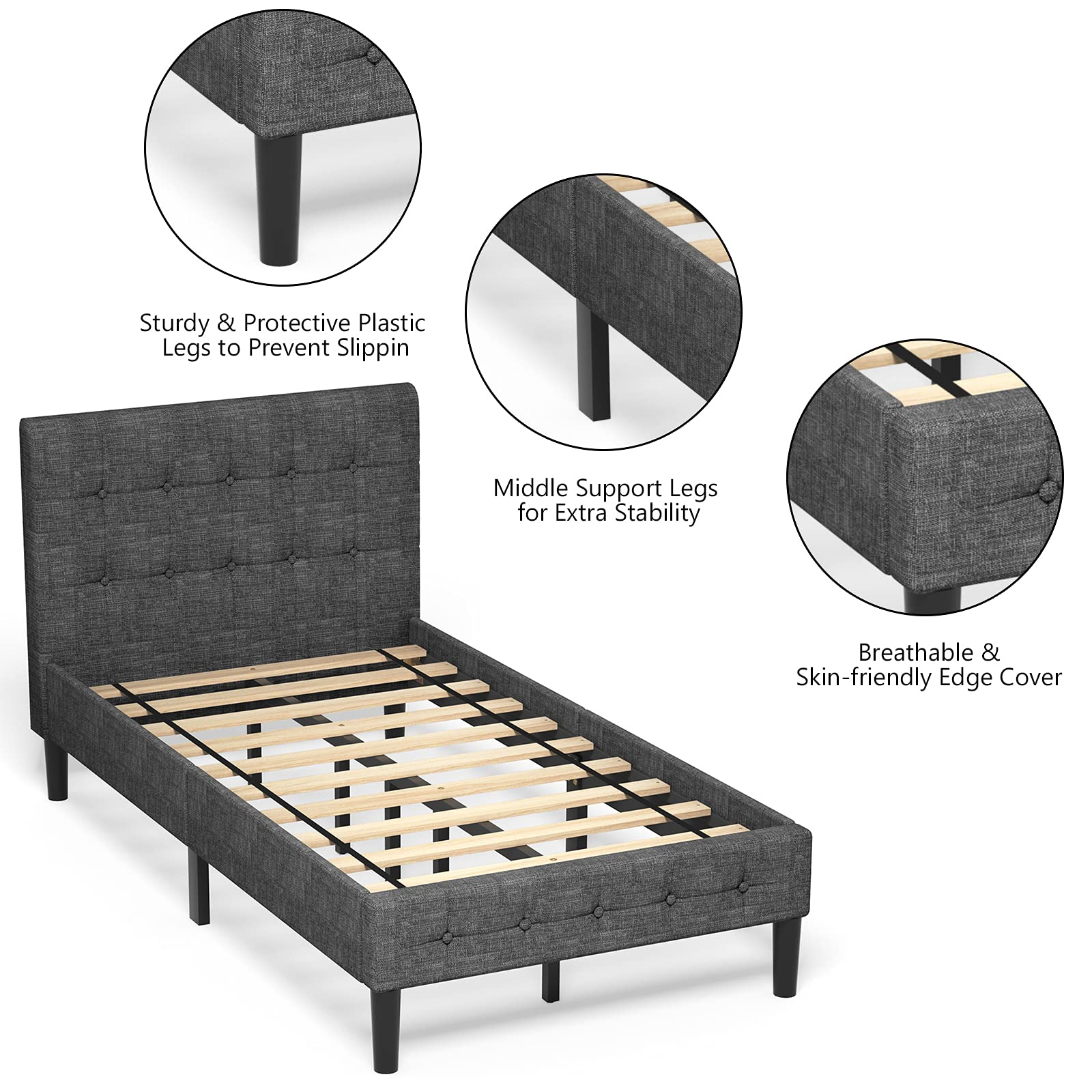 Upholstered Bed Frame with Button Tufted Headboard