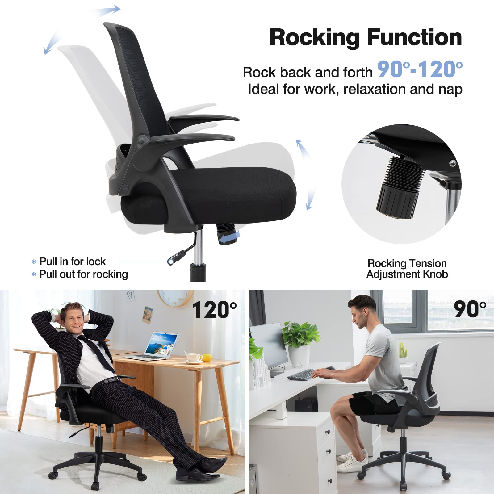 Mid-Back Height Adjustable Swivel Mesh Office Chair with Flip-up Armrests, Lumbar Support