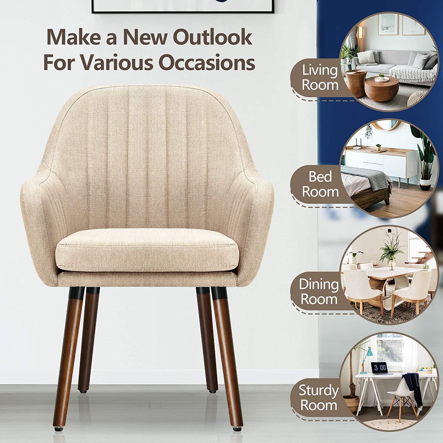Set of 2/4 Fabric Dining Chairs, Accent Upholstered Arm Chair w/Wood Legs