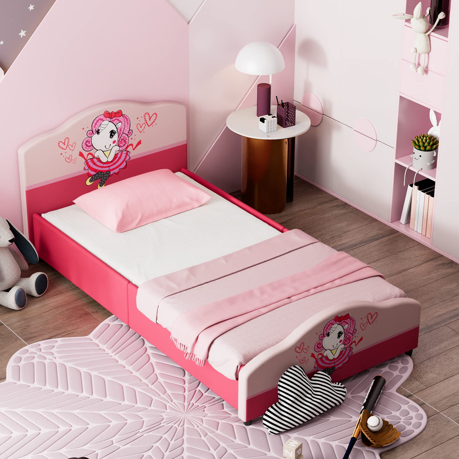 Kids Twin Bed Frame with Headboard, Toddler Upholstered Platform Bed with Slatted Bed Base