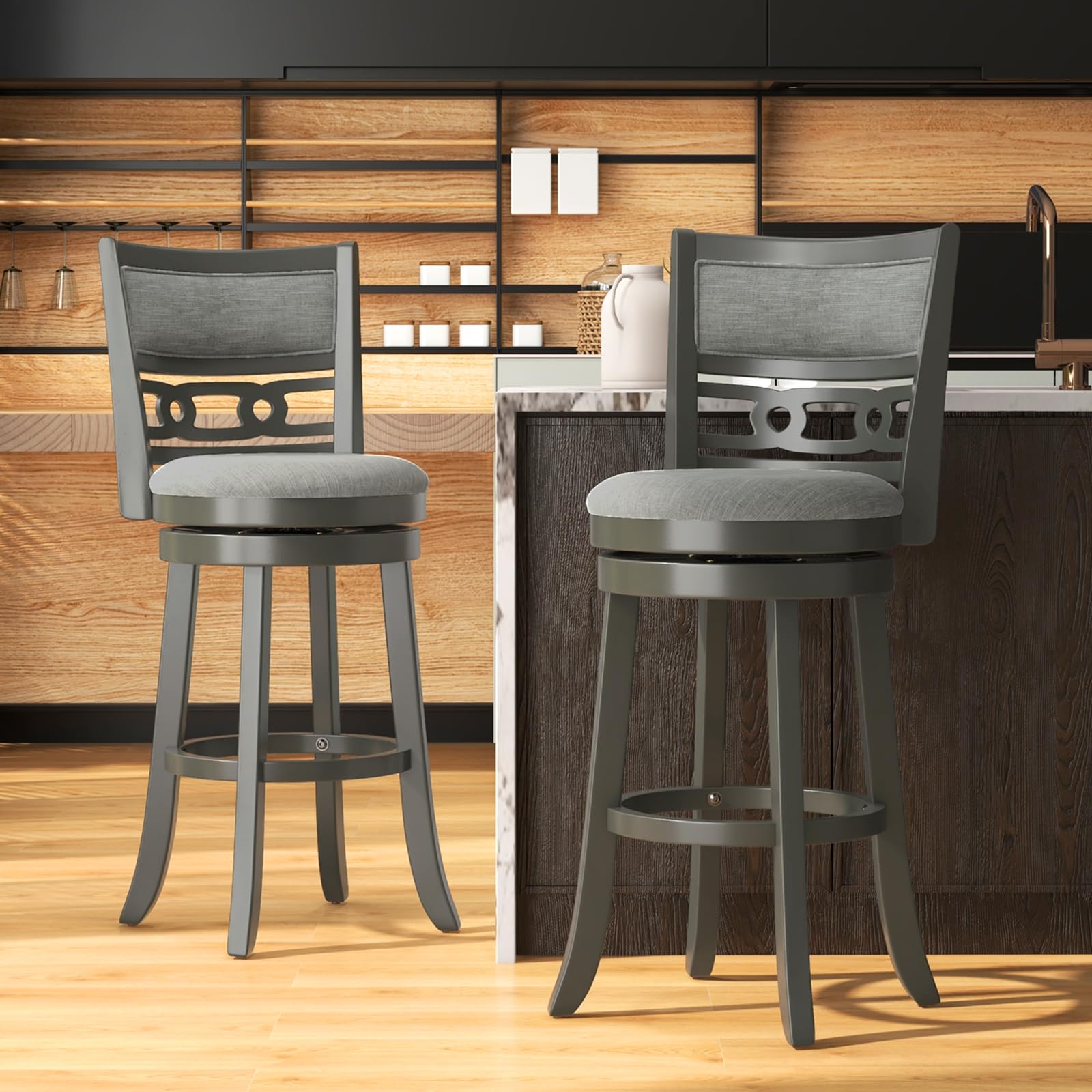 Upholstered Bar Height Bar Chair with Wooden Frame, Swivel Seat & Footrest