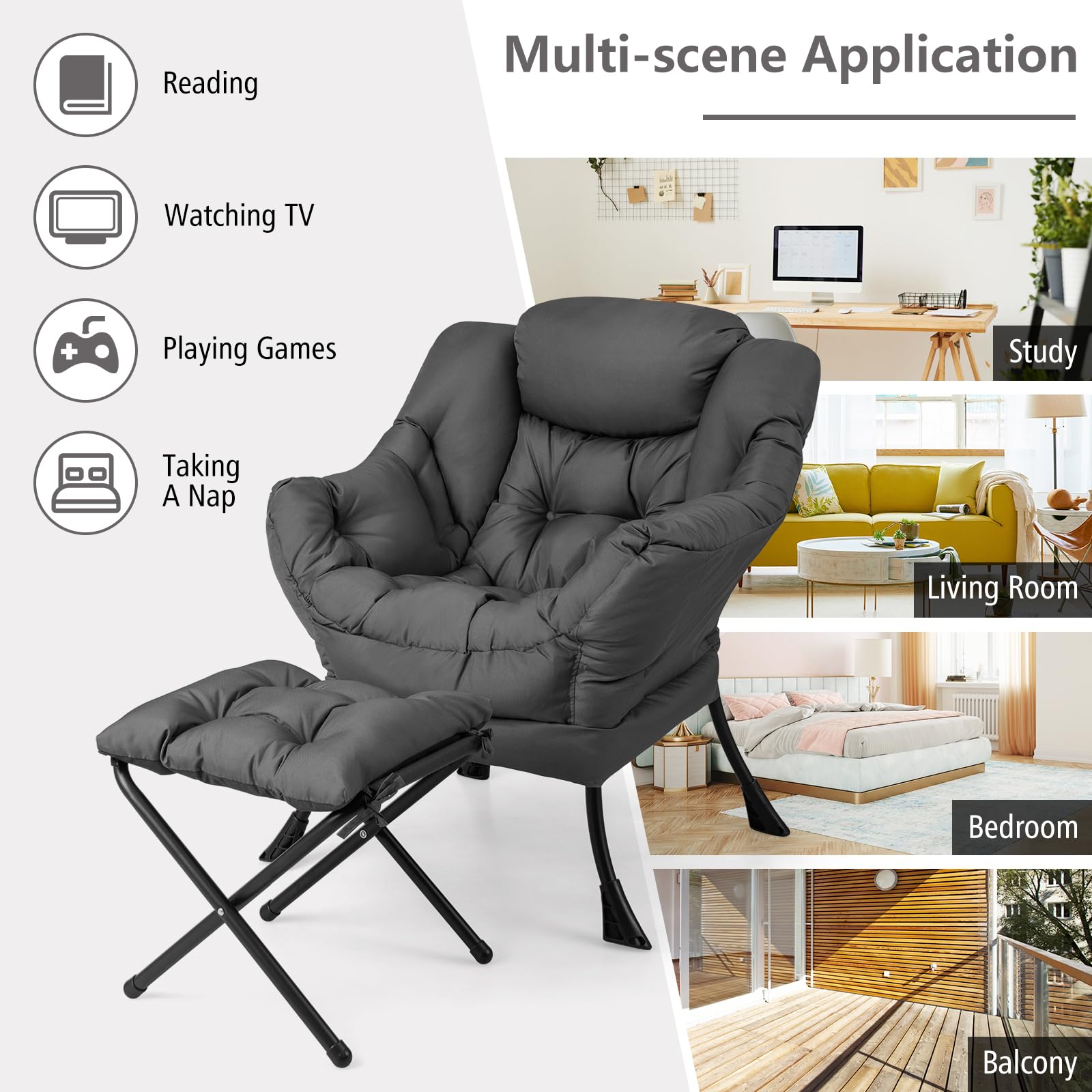 Lazy Sofa Chair with Ottoman, Upholstered Leisure Lounge Armchair with Folding Footrest, Side Storage Pocket