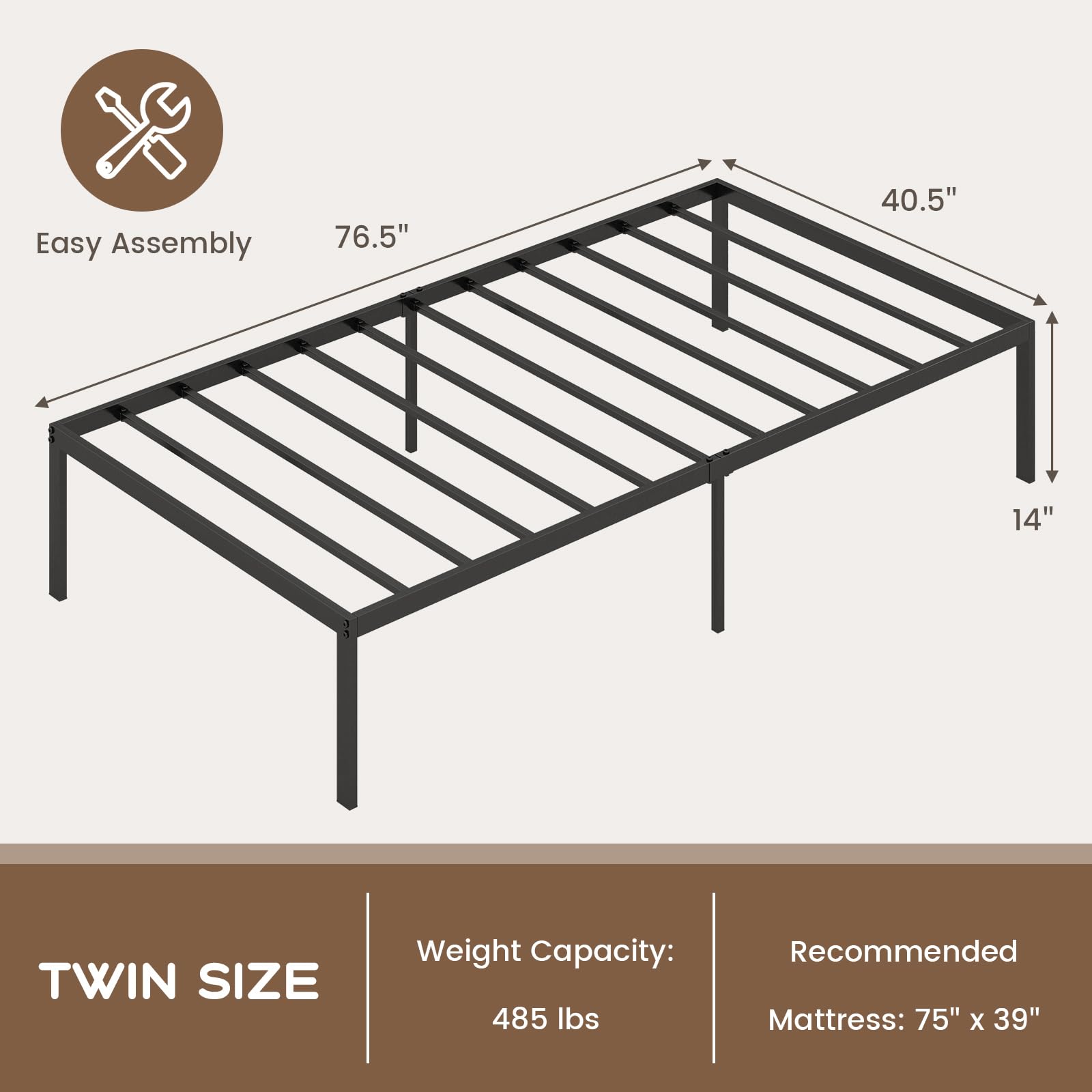 14-Inch Twin Size Metal Platform Bed Frame, Heavy-Duty Metal Bed Base