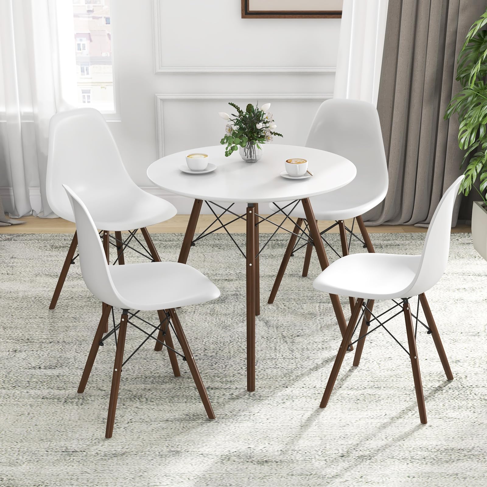 Round Dining Table Set for 4, Modern 31.5" D Dining Table & 4 Dining Chairs with Solid Wood Legs