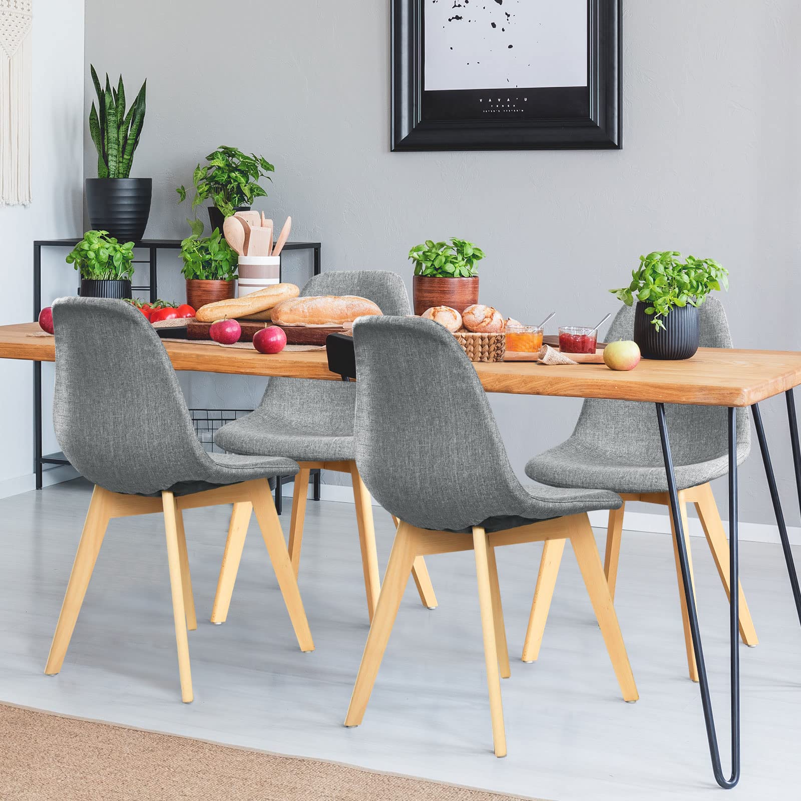 Set of 4 Modern Fabric Dining Chairs with Solid Wood Legs High Backrest Soft Padded Seat