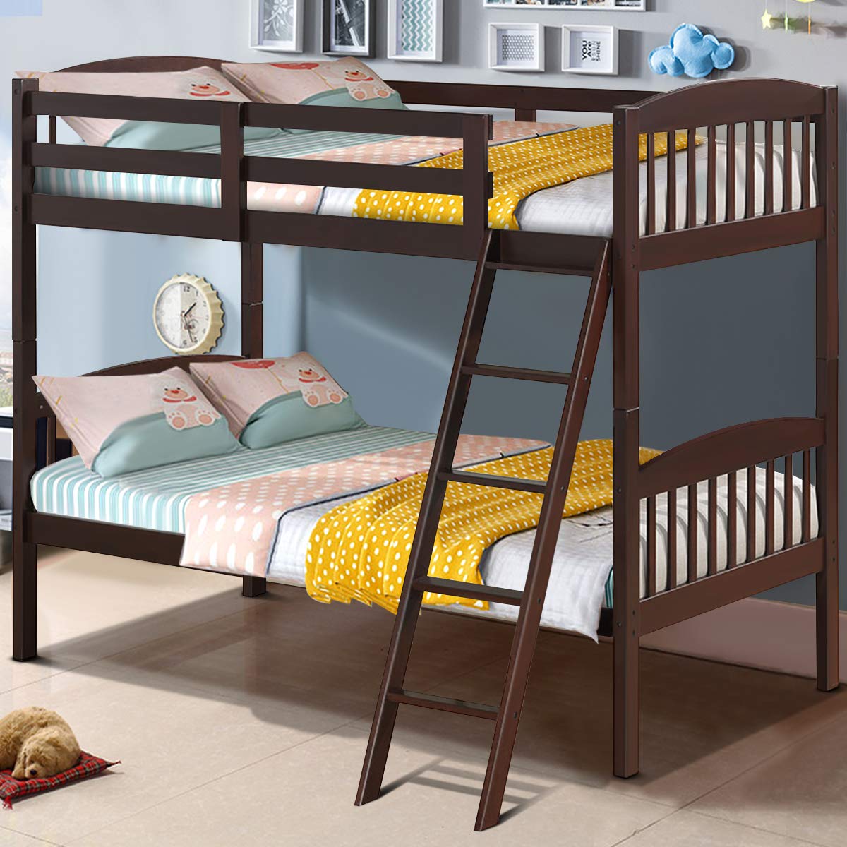 Twin Over Twin Bunk Beds, Convertible Into Two Individual Solid Rubberwood Beds