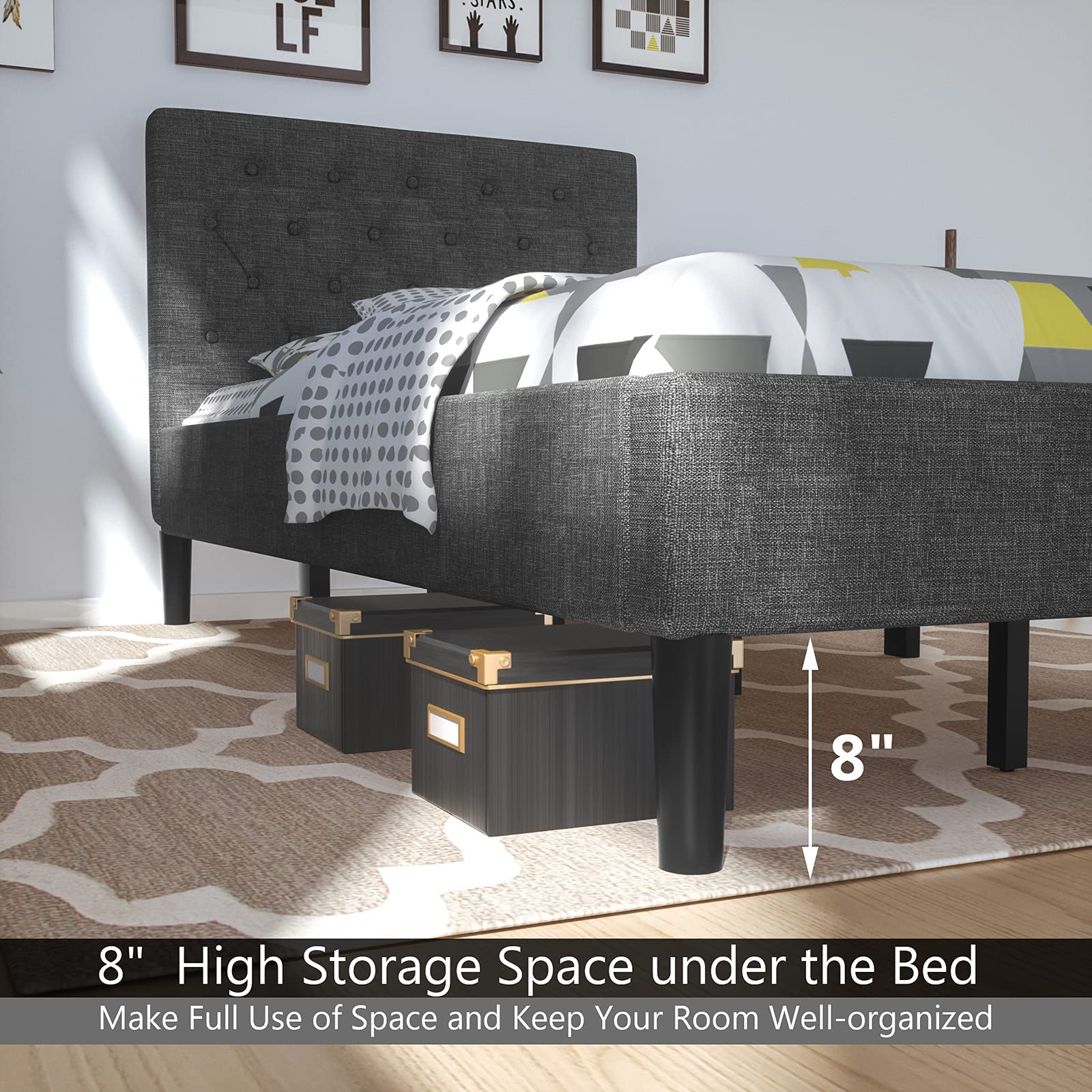 Twin Size Upholstered Bed Frame with Button Tufted Headboard