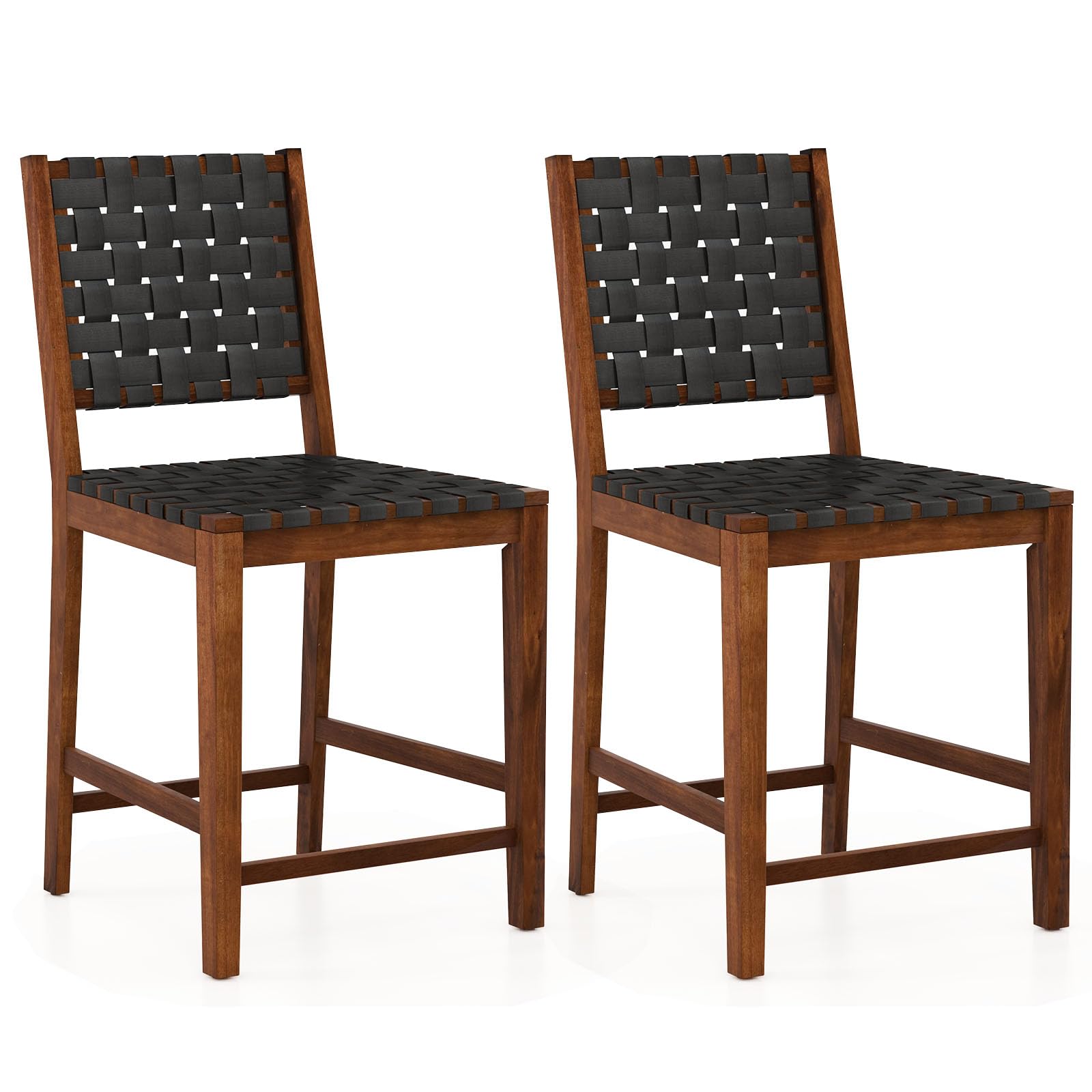 24" Counter Height Bar Stools Set of 2/4, Solid Wood Woven Rustic Barstools w/Faux PU Leather Straps
