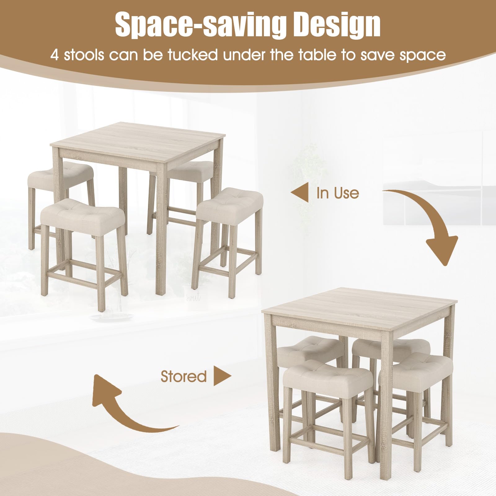 5-Piece Bar Table Set, Square Breakfast Set for 4 w/Padded Stools