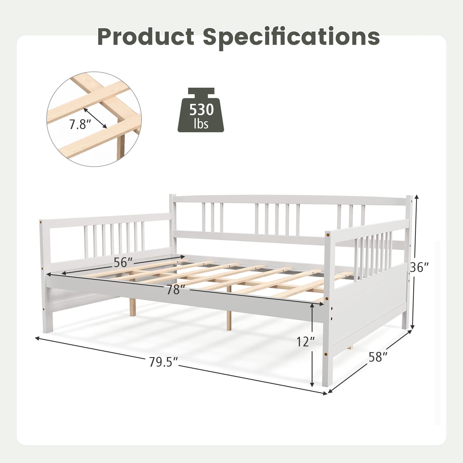 Full Size Wood Daybed with Wooden Slats Support