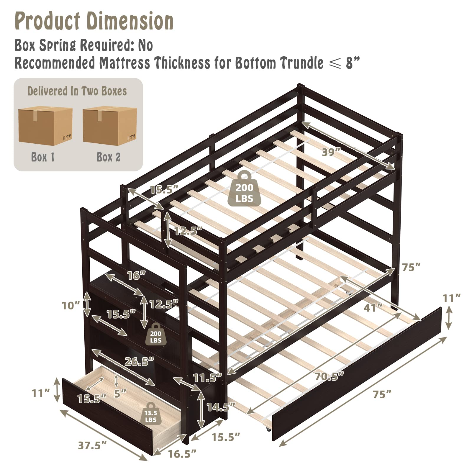 Twin Over Twin Bunk Bed with Trundle & Staircase, Storage Shelves & Drawer