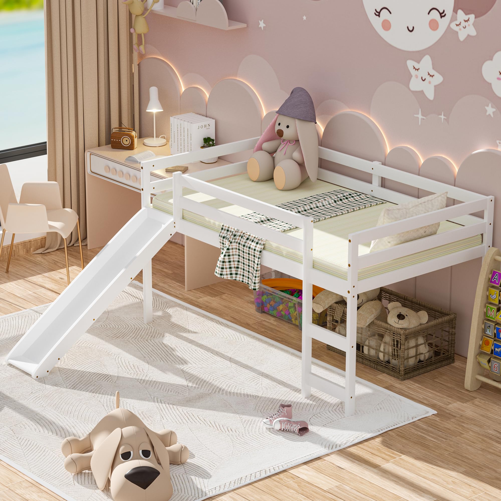 Twin Size Wood Low Loft Bed with Slide, Ladder & Guard Rail