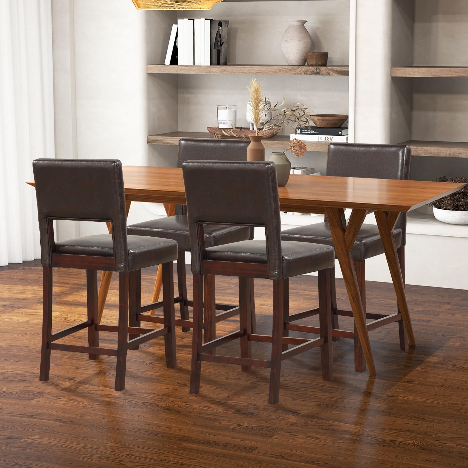 24.5" Counter Height Bar Stools Set of 2, Linen Barstools with Back, Rubber Wood Legs
