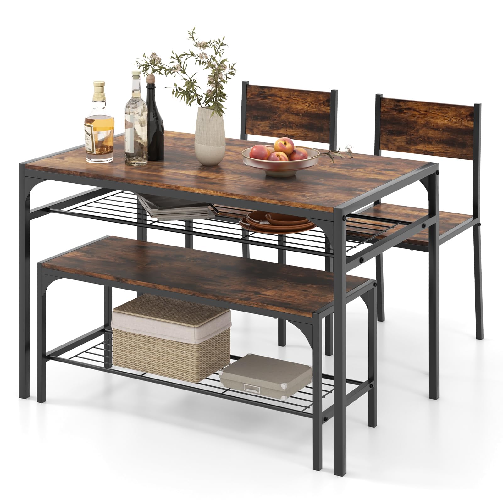 4 Pieces Dining Table Set, Kitchen Table and 2 Chairs for 4 with Bench, Storage Racks