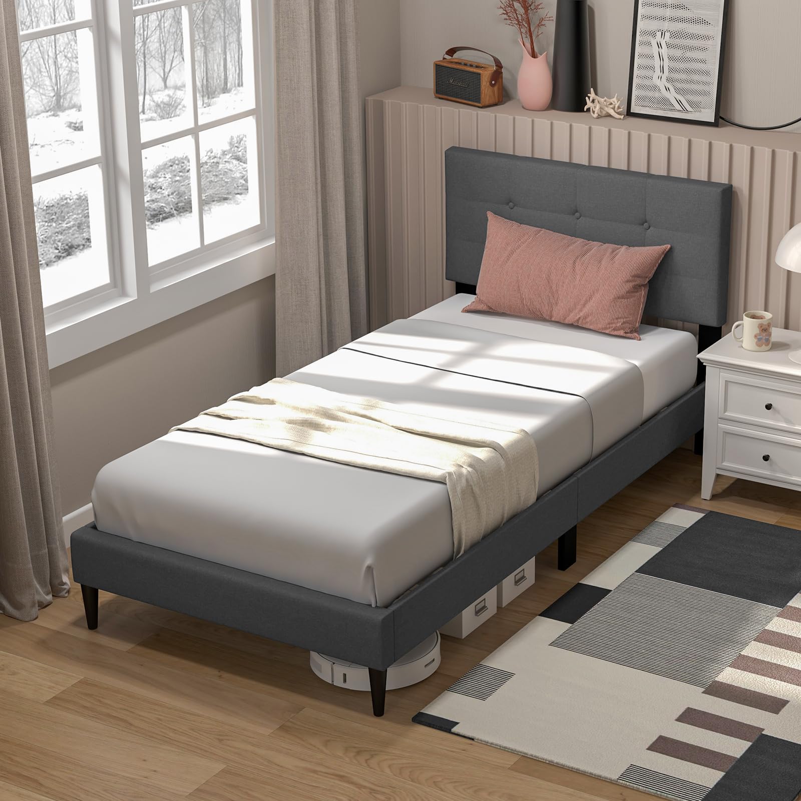 Twin/Queen Size Upholstered Platform Bed Frame with Button Tufted Linen Fabric Headboard