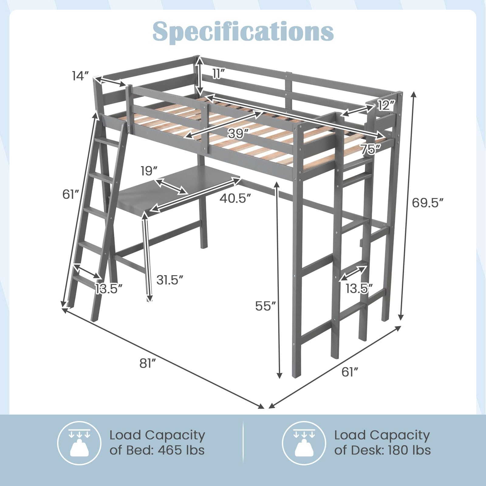 Twin Size Wood Loft Bed with Desk, 2 Ladders, Full Length Guardrail for Kids Teens Adults