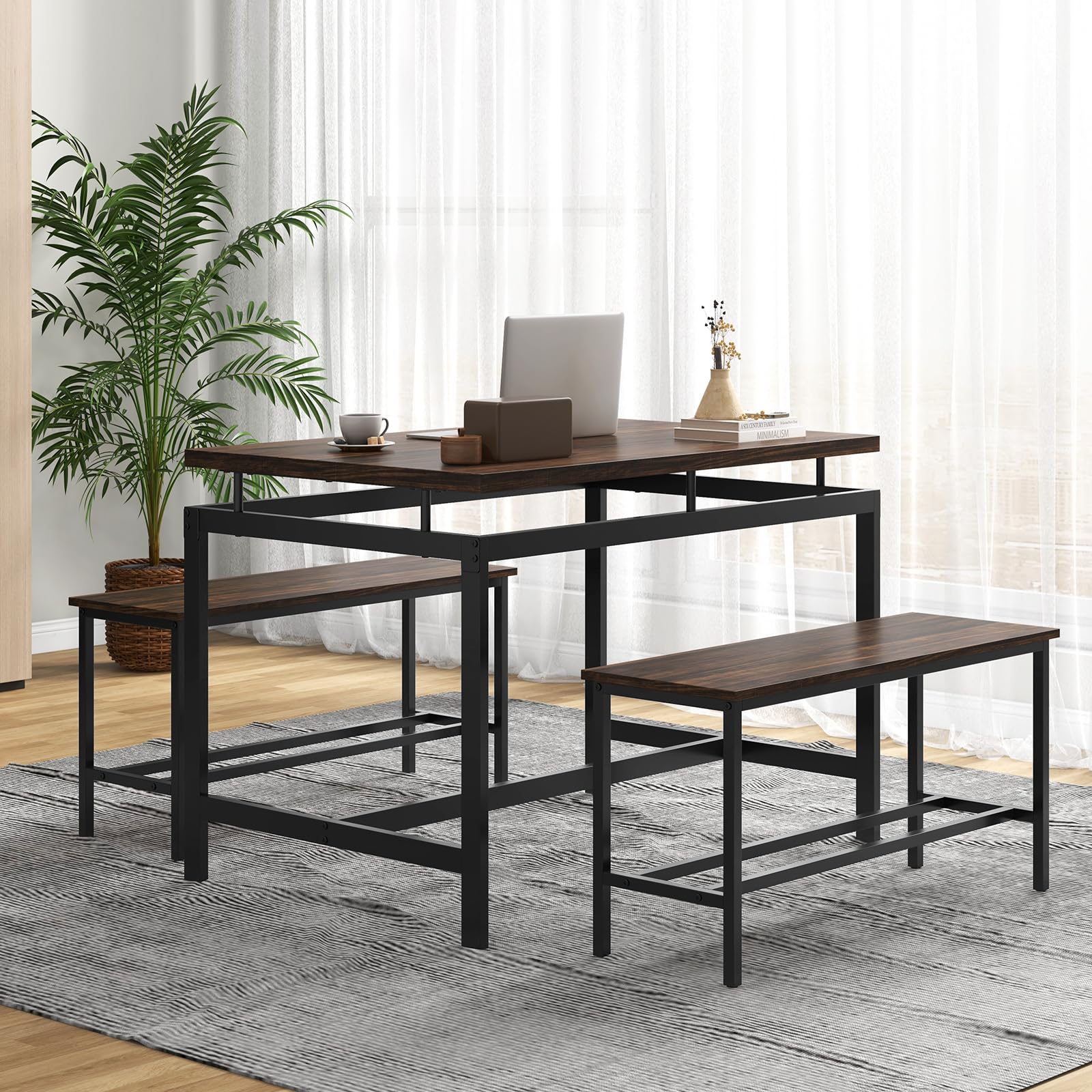 Dining Table Set for 4 with 2 Benches, Metal Frame