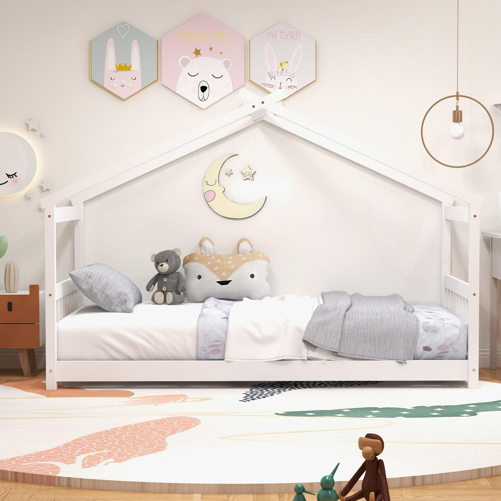 Twin Wood Kids House Bed with Roof, Headboard and Footboard