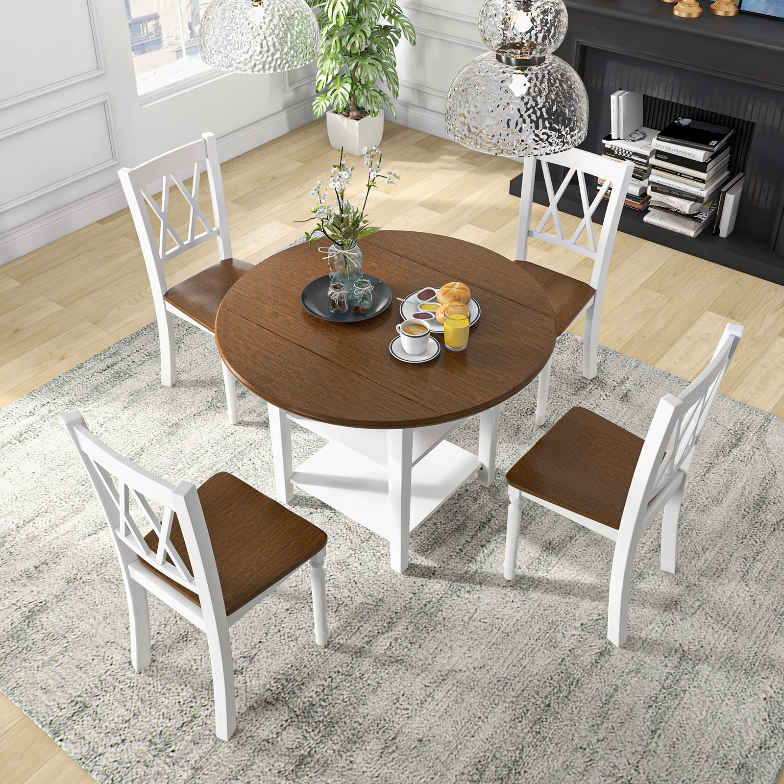 Dining Table Set for 4 with Drop Leaf Round Kitchen Table & 4 Chairs