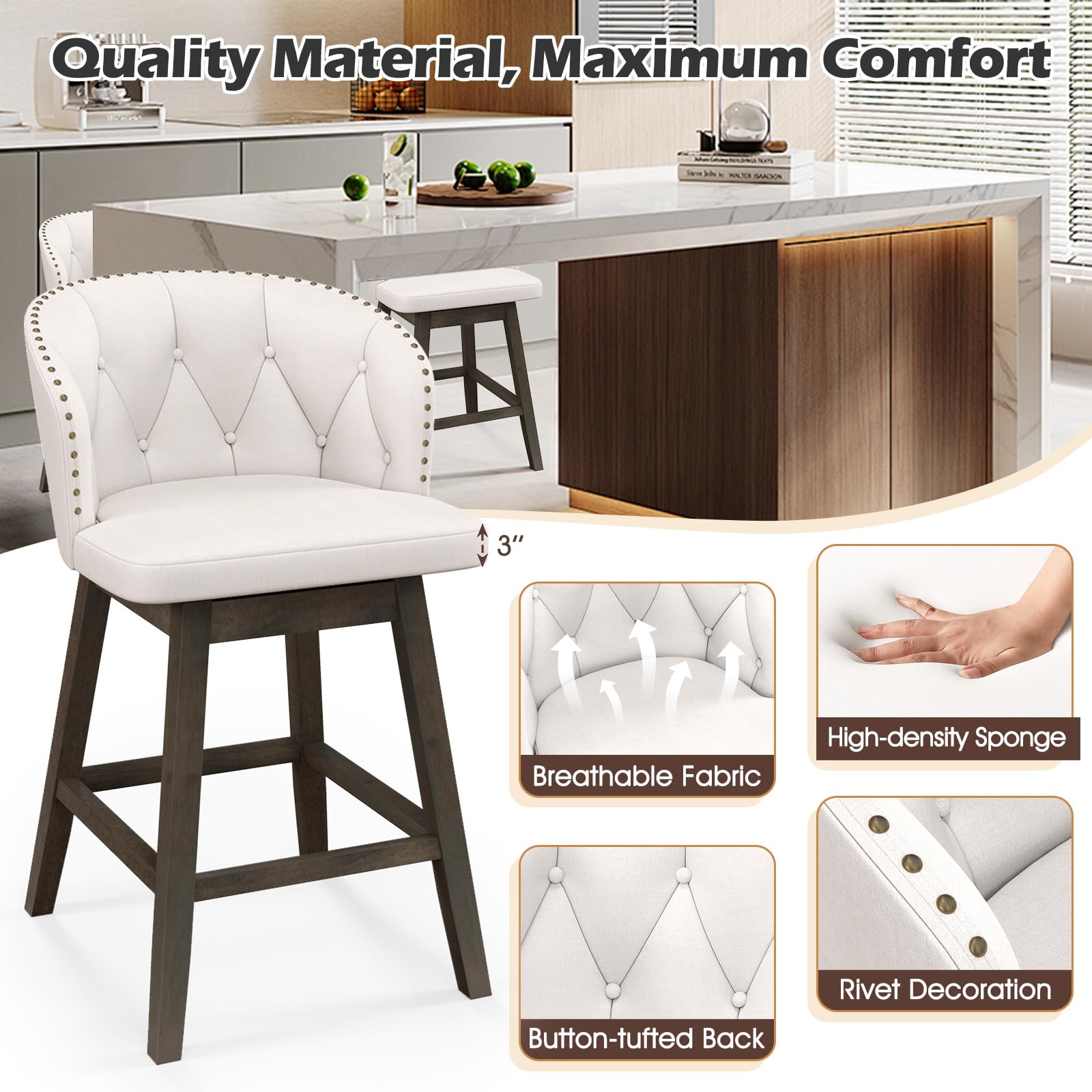 Counter Height Bar Stools Set of 2/4, Fabric Upholstered Island Stools with 360&deg; Swivel Seat & Button-Tufted Back