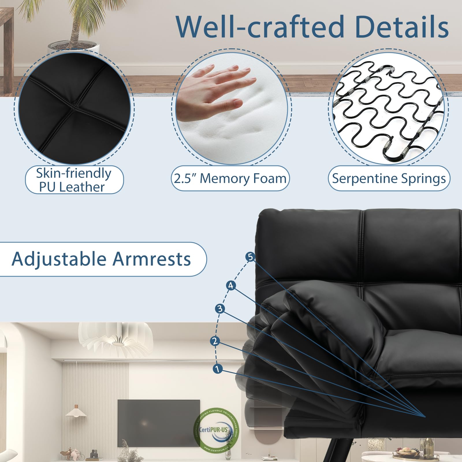 Futon Sofa Bed, Faux Leather Memory Foam Convertible Futon Couch with Adjustable Backrest & Armrests
