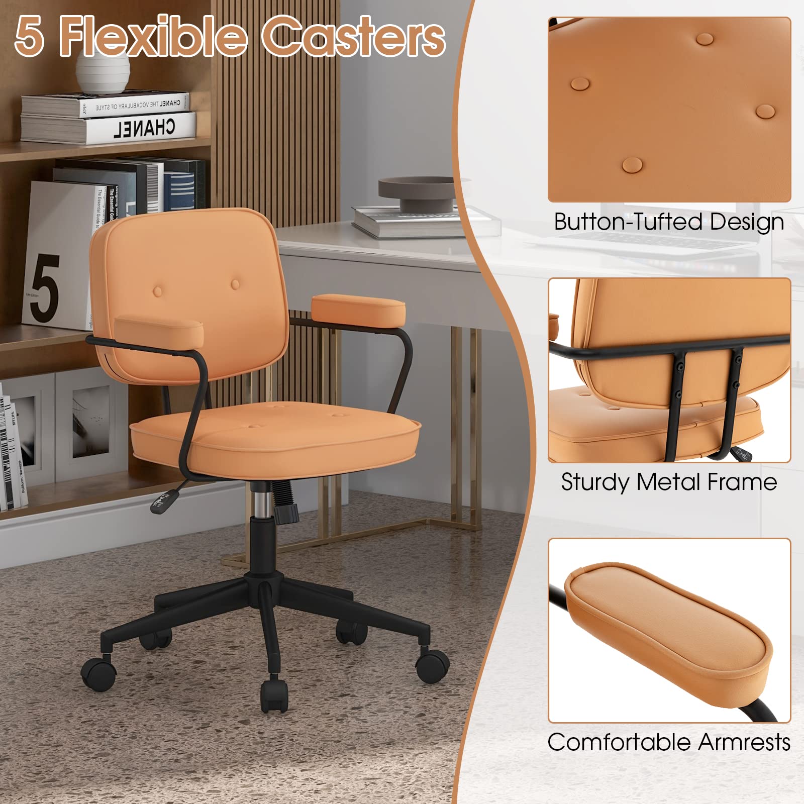 Mid Century Leather Height Adjustable Office Chair with Rocking Backrest & Padded Armrest