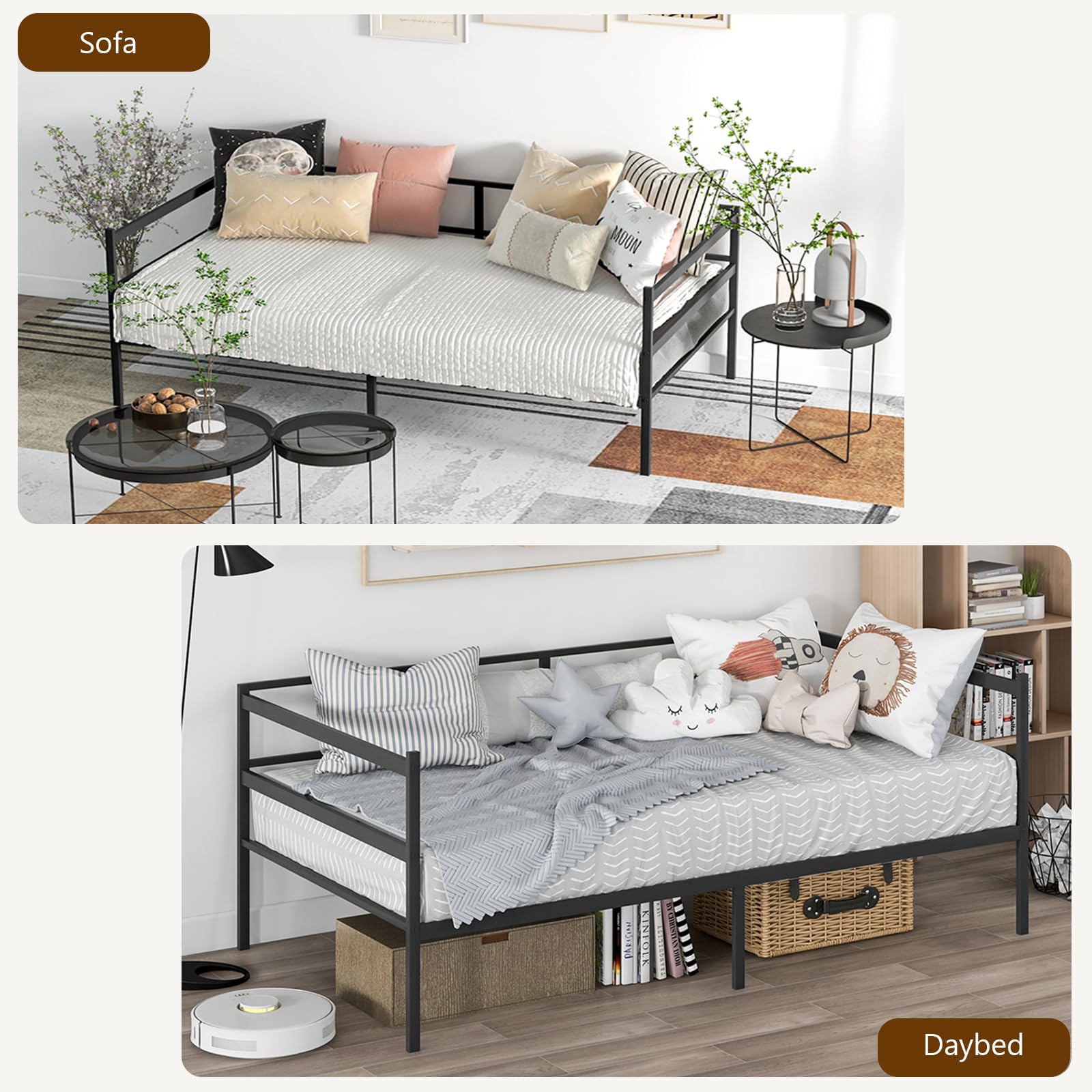 Metal Twin Daybed with Heavy Duty Slat Support, Space Saving Sofa Bed