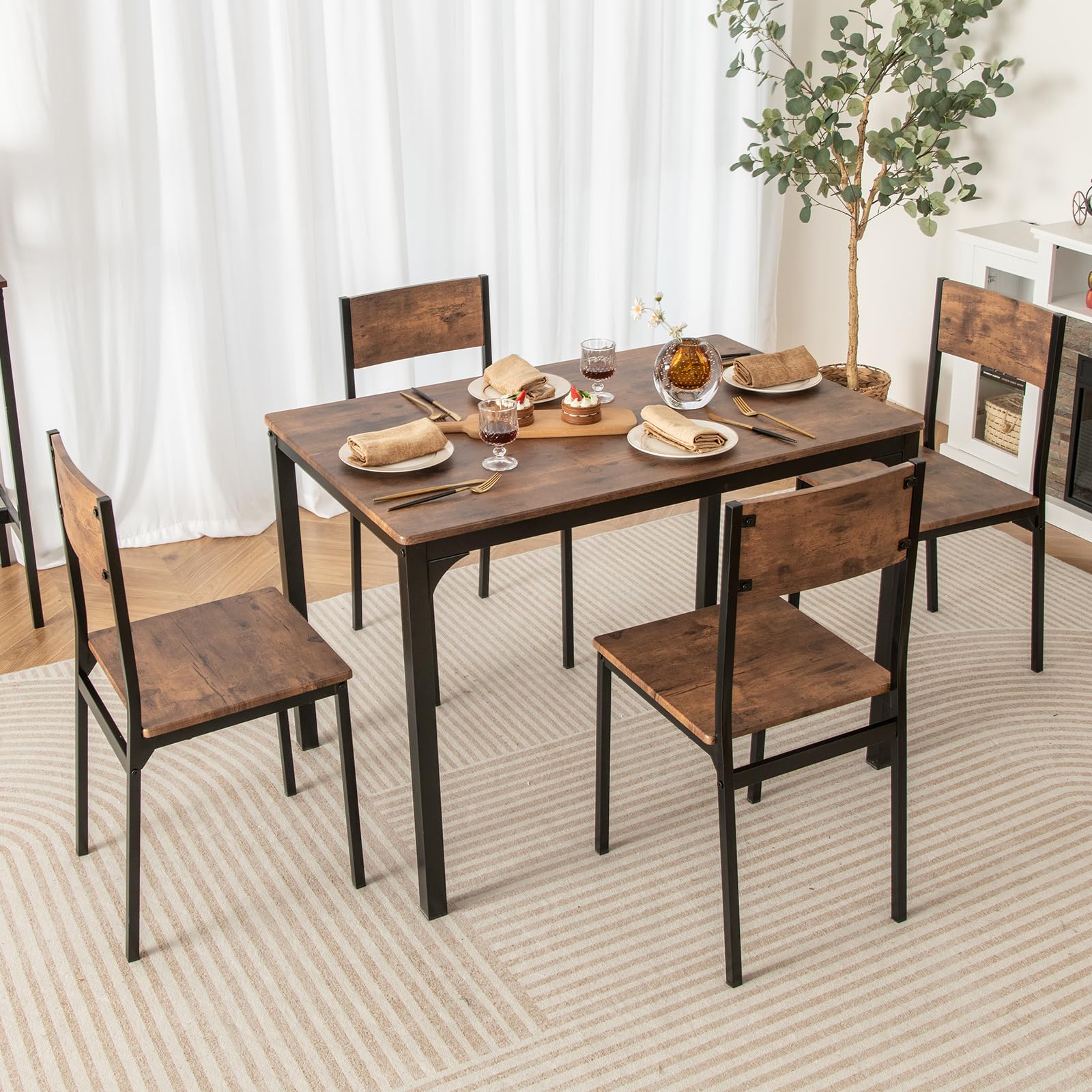 5-Piece Dining Table Set, Industrial Kitchen Table and Chairs for 4 with Backrest and Metal Frame