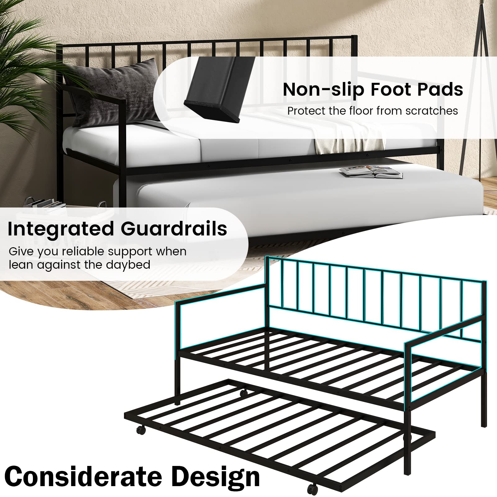 Twin Metal Daybed with Trundle, Metal Sofa Bed & Pull-Out Trundle Set with Lockable Casters