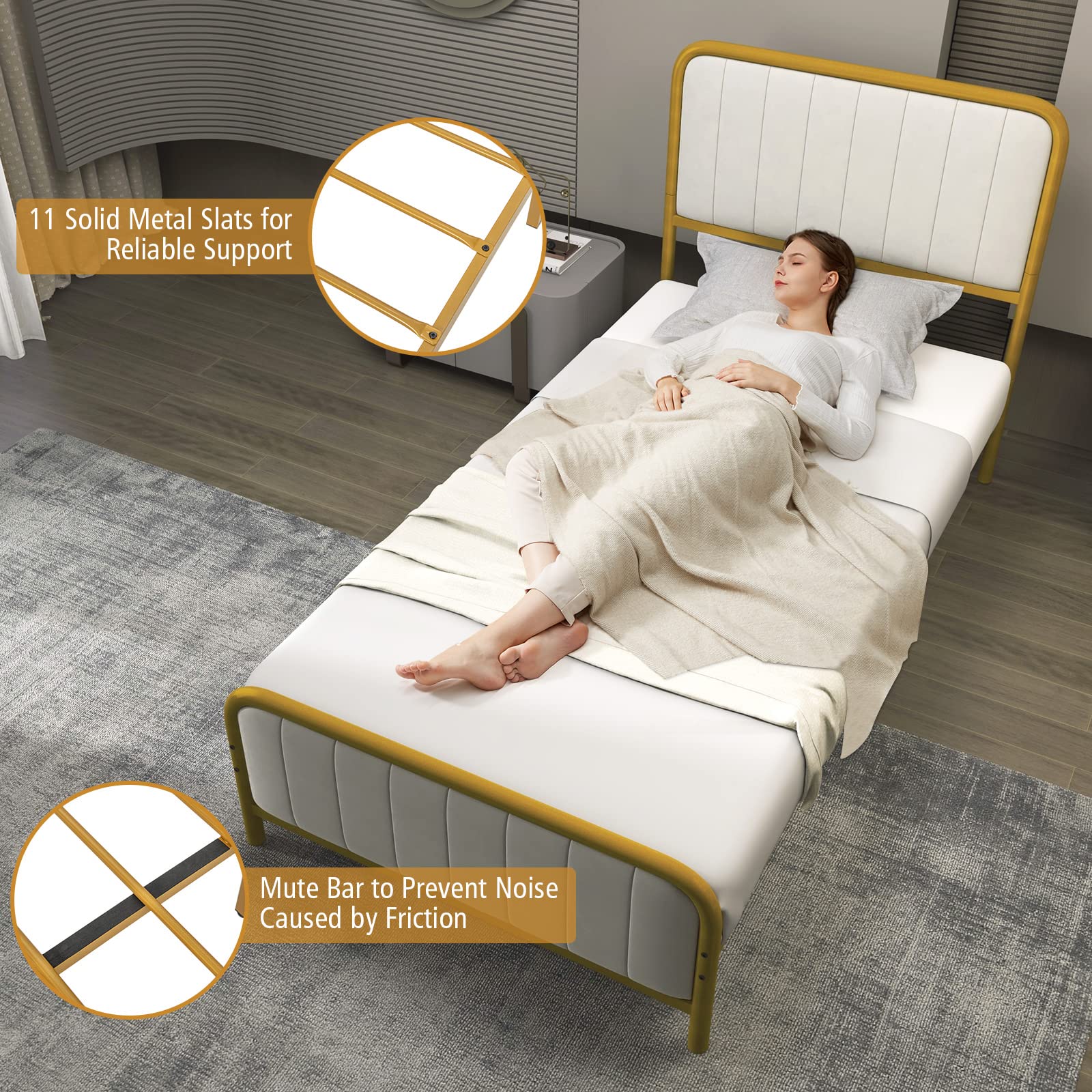 Gold Metal Bed Frame, Heavy-Duty Metal Mattress Foundation with Velvet Headboard and Footboard