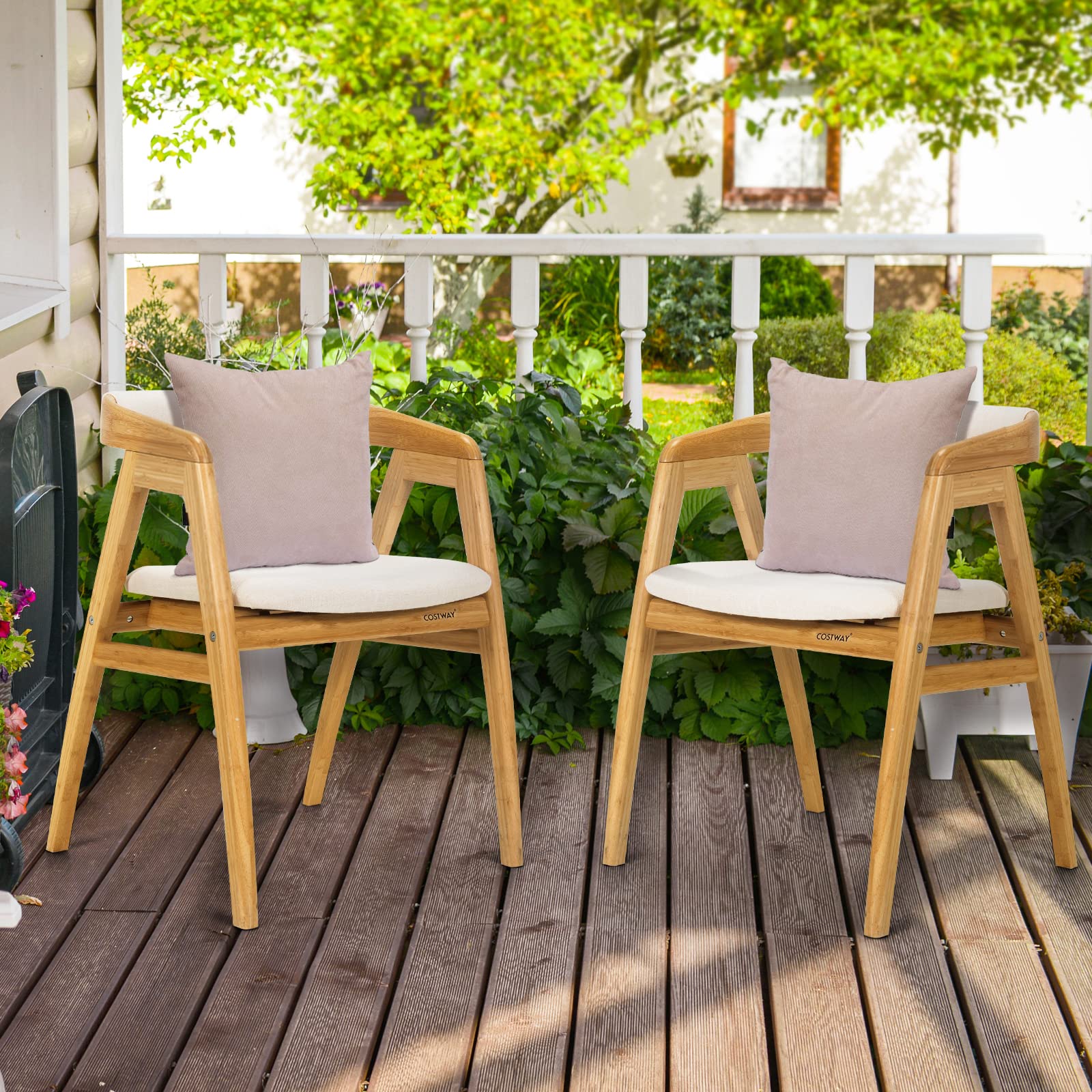 Bamboo Accent Chair, Modern Painted Bamboo Leisure Chair w/Comfy Fiber Cushion, Curved Backrest, Solid Legs