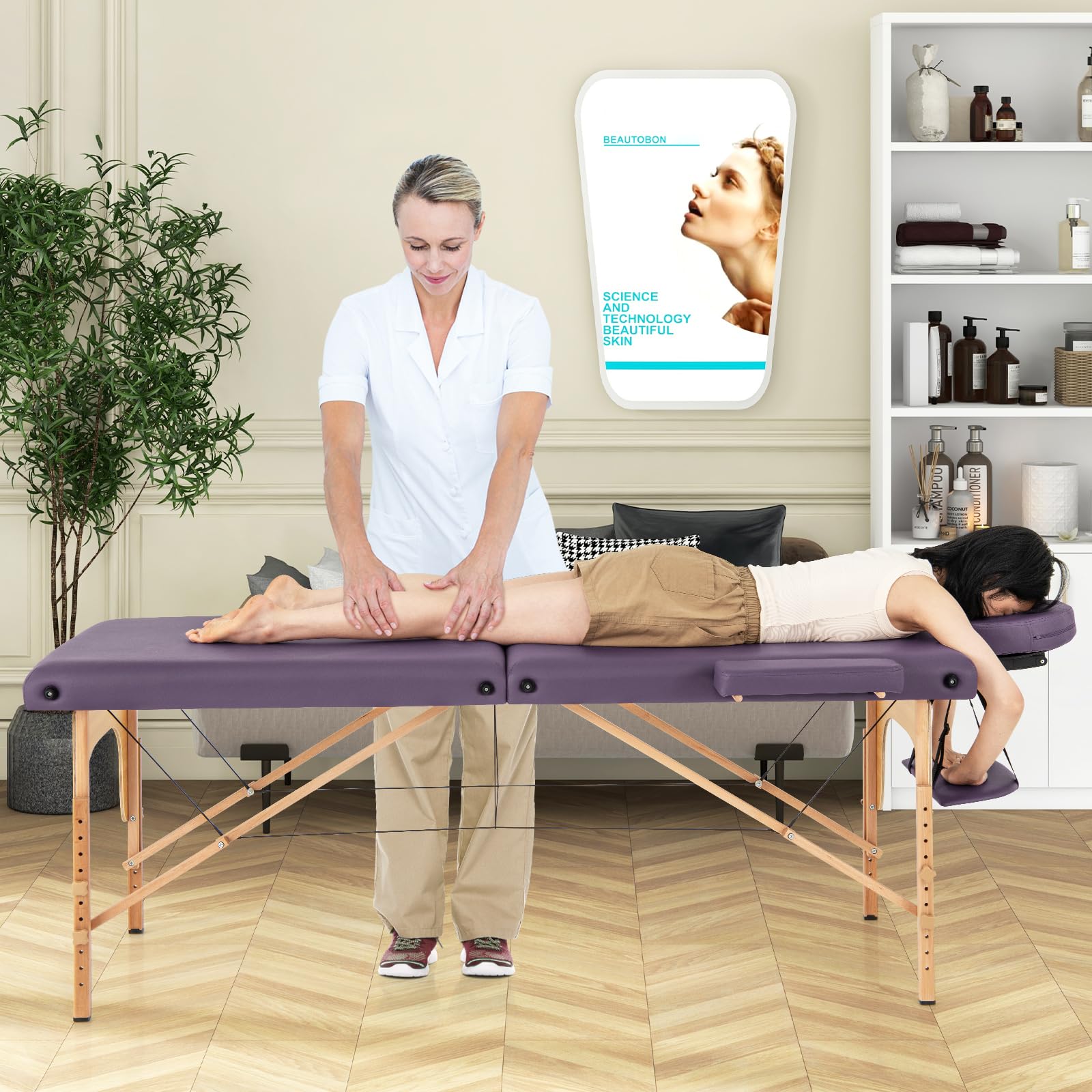 Portable Massage Bed w/Carrying Case, 2-Section Salon Spa Facial Care Tattoo Bed, Height Adjustable