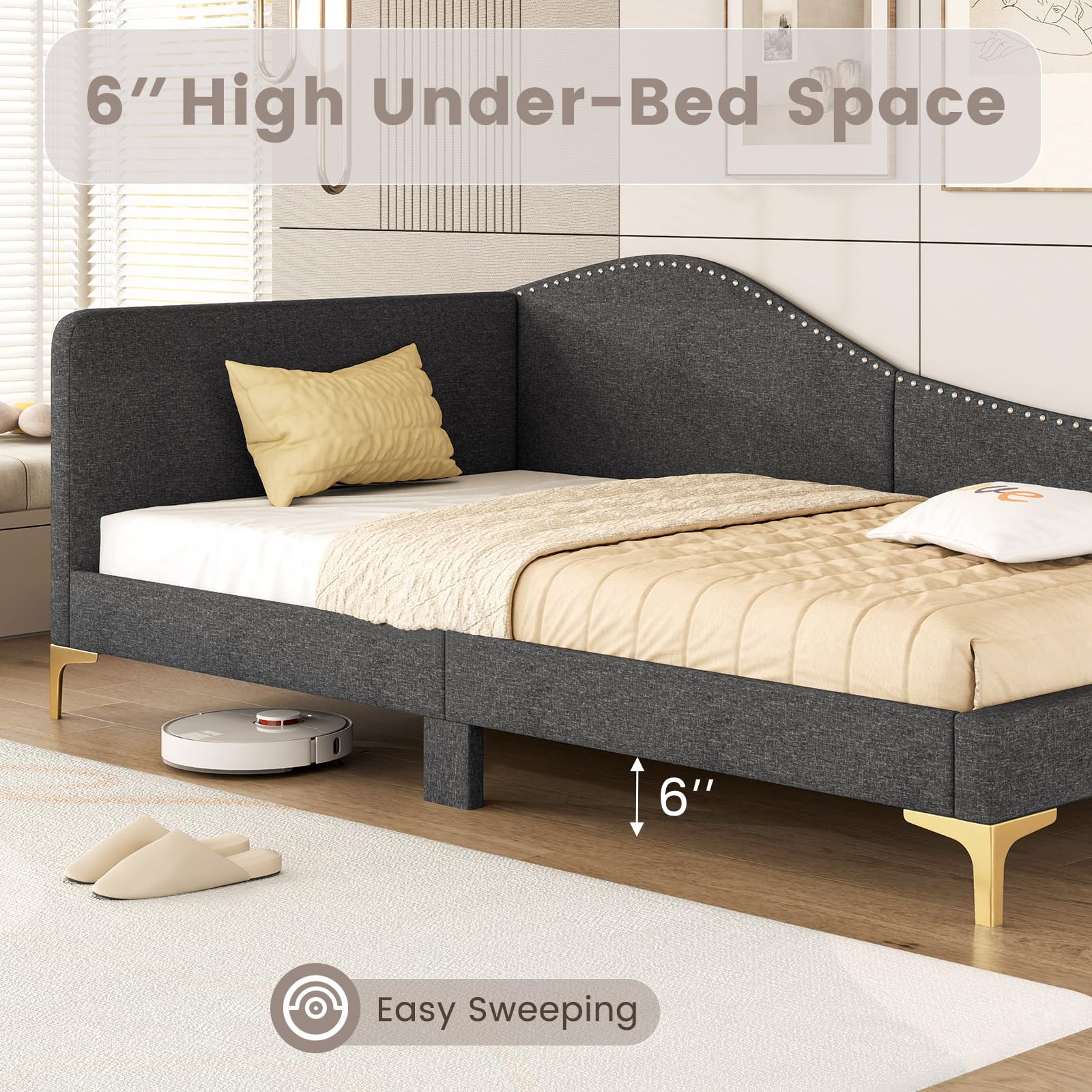 Rivet-Tufted Platform Bed Frame with Headboard, Metal Legs & Wood Slats, L-Shaped Corner Sofa Bed