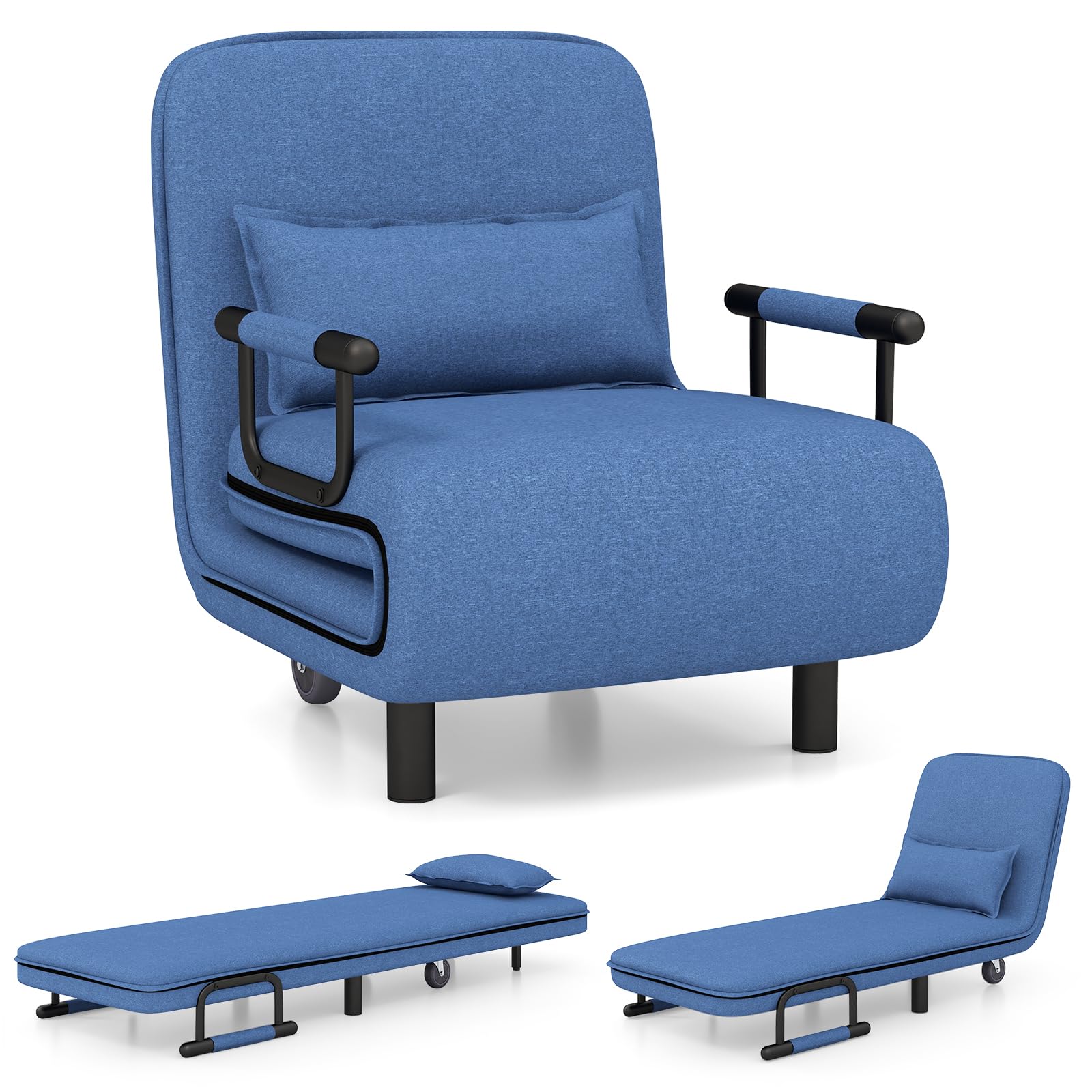Convertible Chair Bed with 5-Position Adjustable Backrest & Lumbar Pillow, 2 Hidden Metal Legs & 2 Lockable Casters
