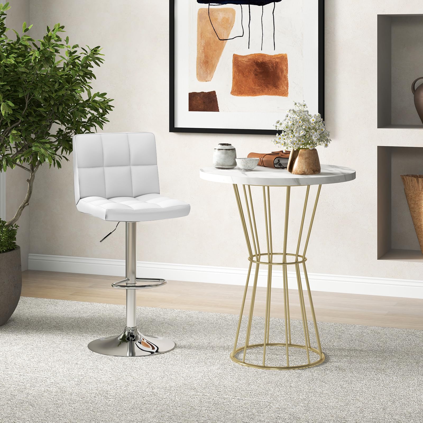 Modern PU Leather Height Adjustable Bar Stools  Set of 1/2 with Back, Footrest, Metal Base