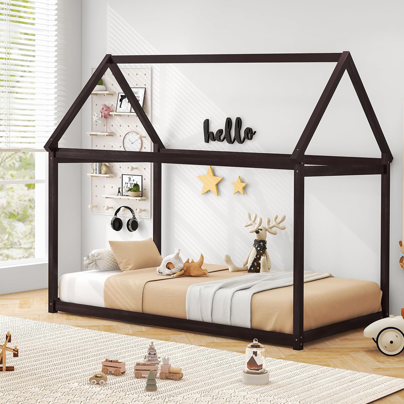 Twin Size House Bed for Kids, Solid Wood Platform Floor Bed with Roof & Multiple Slats