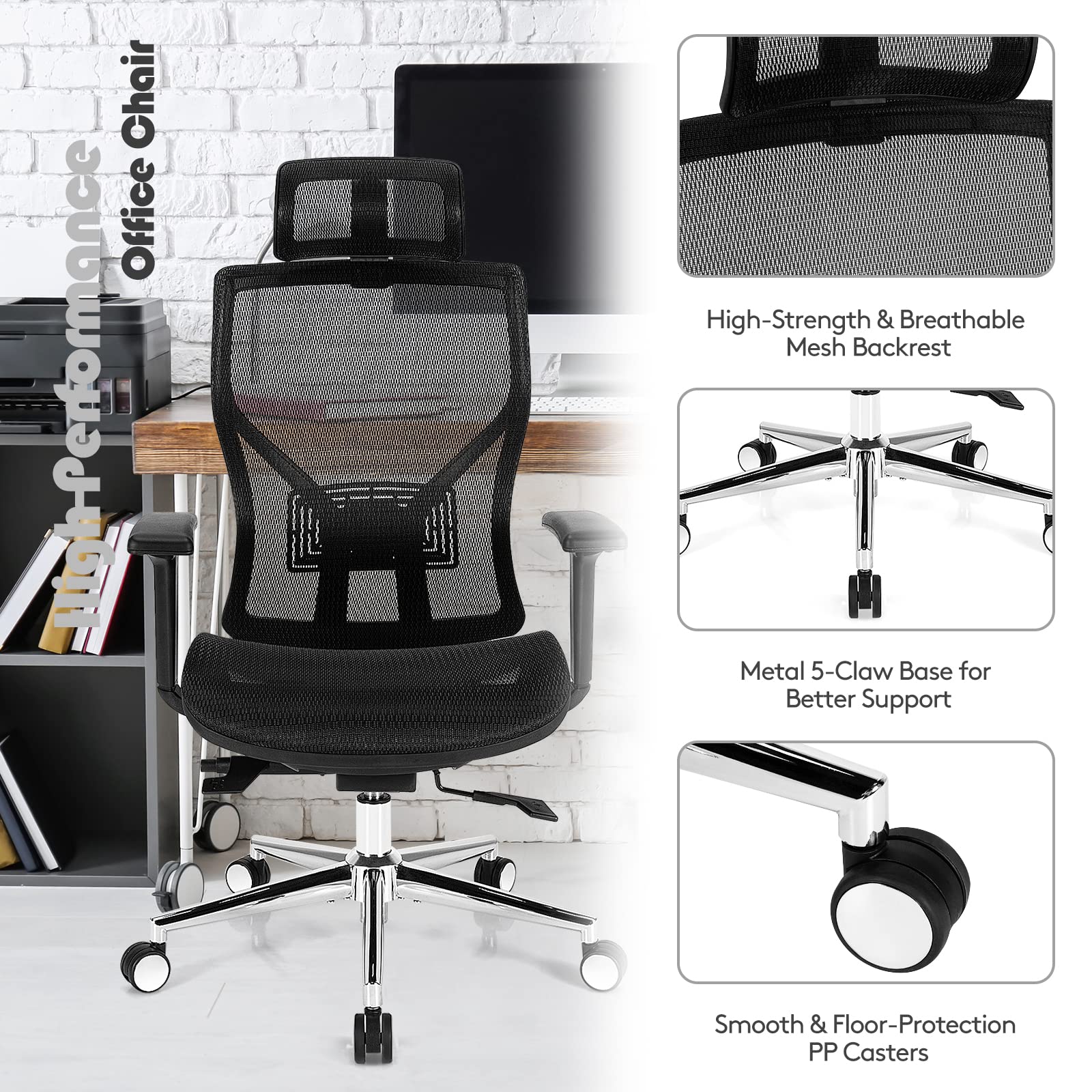 Ergonomic Office Chair, High-Back Mesh Executive Chair, with Adjustable Headrest, 3D Armrest, Lumbar Support, Reclining Backrest