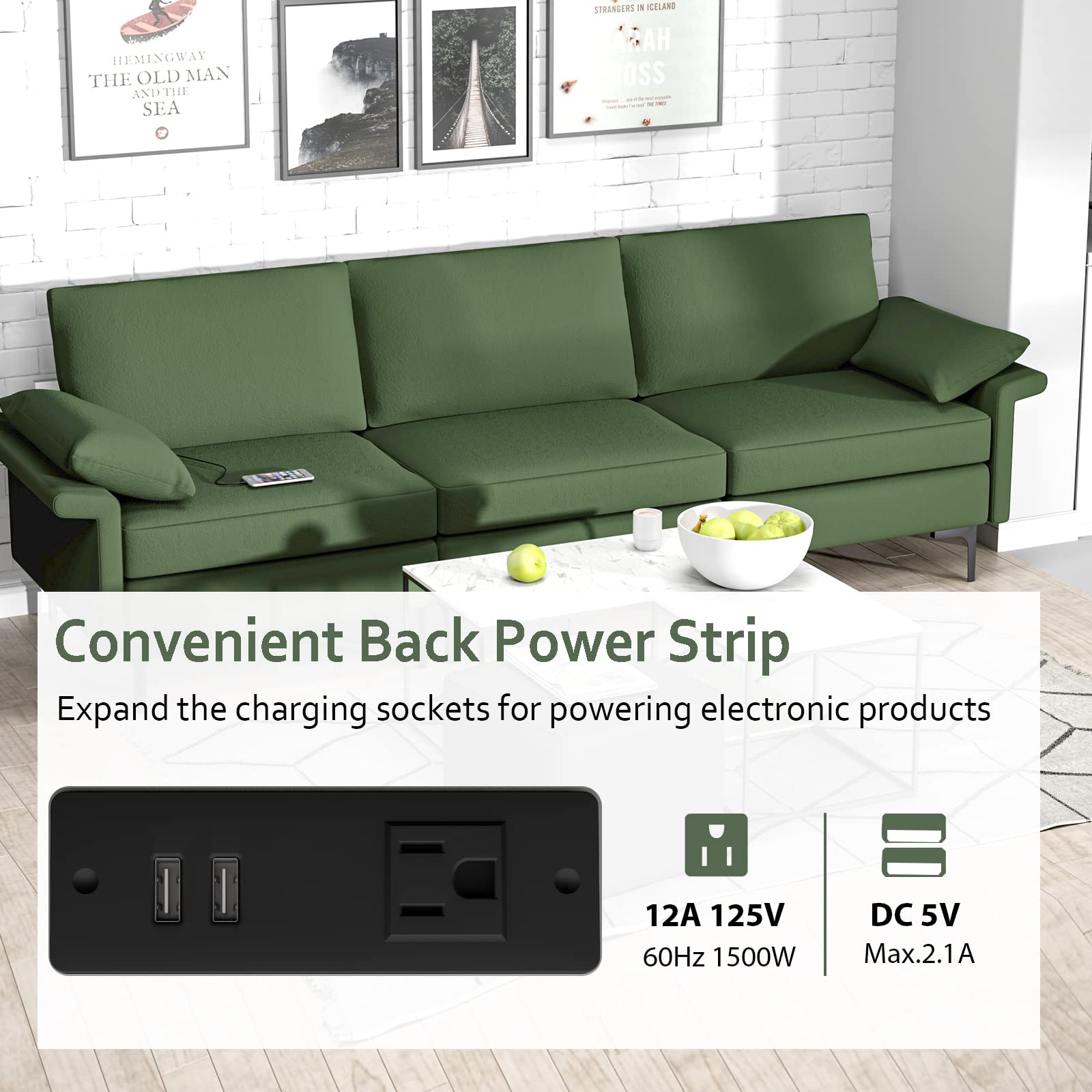100.5 Inch Large Sectional Sofa, 3 Seat Couch with 3-Hole Outlet & 2 USB Ports