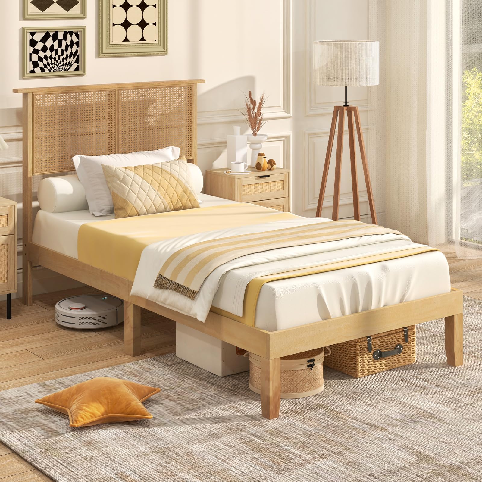 Wood Platform Bed Frame with Rattan Headboard, Wooden Slats & Under-Bed Storage