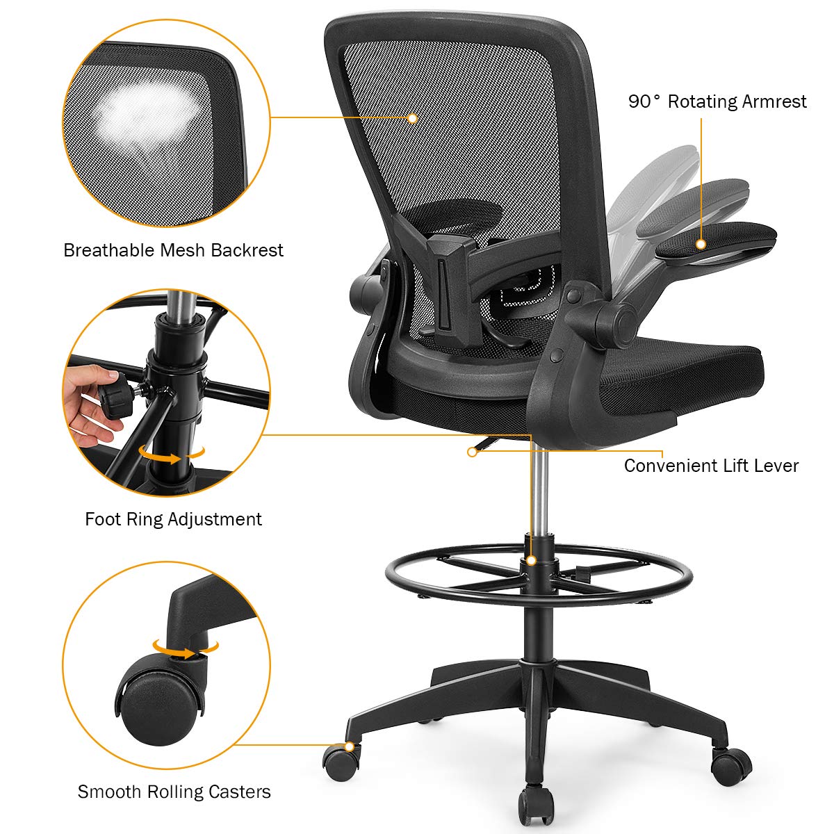 Drafting Chair, Ergonomic Tall Office Chair with Adjustable Lumbar Support & Footrest Ring