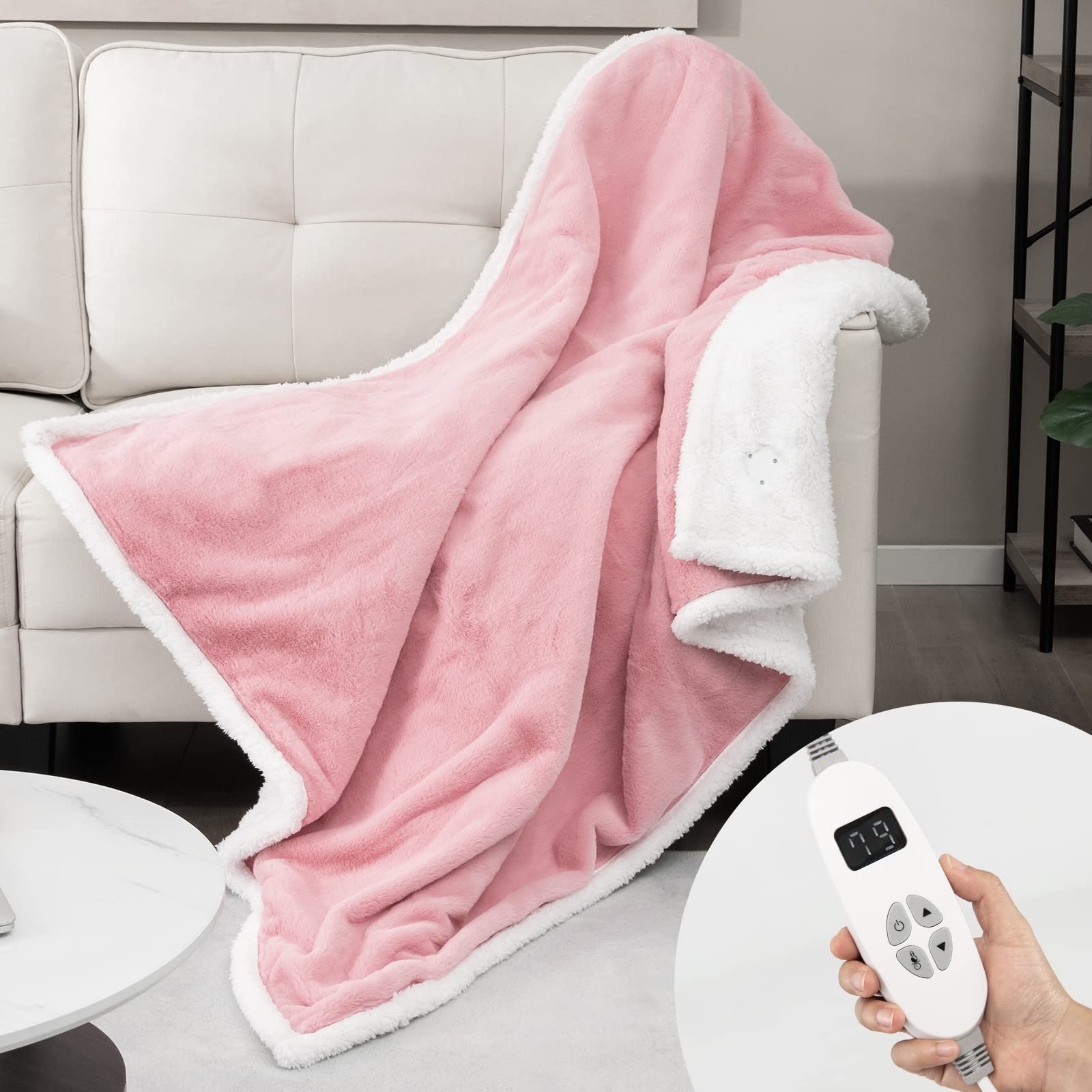 Heated Throw Blanket, Reversible Sherpa & Faux Rabbit Fur Heating Blanket w/ 10 Heat Levels, 9H Timer Auto Off, Machine Washable Blanket Warmer